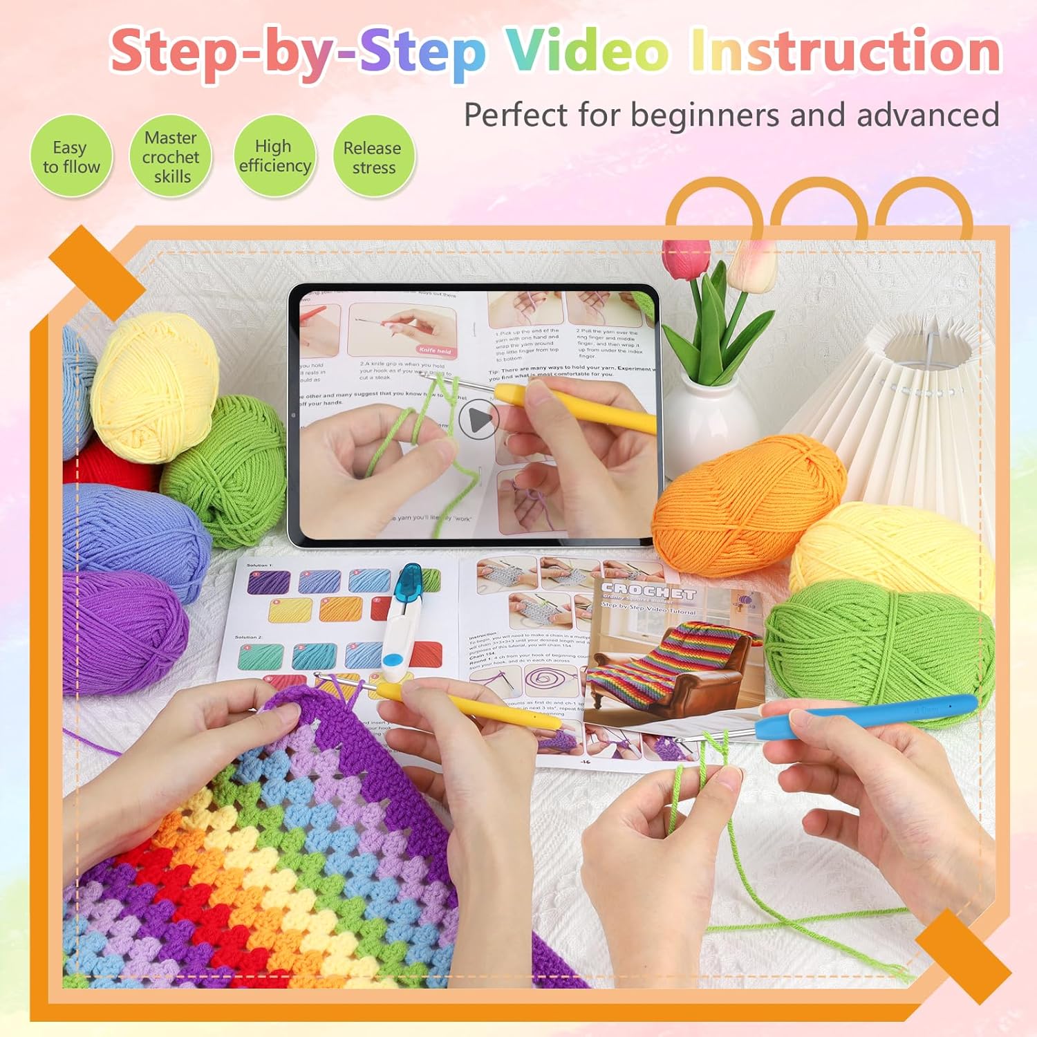 Crochet Blanket Kit for Beginners, Easy Crochet Kit for Beginners Adults & Kids with Step-by-Step Video Instructions