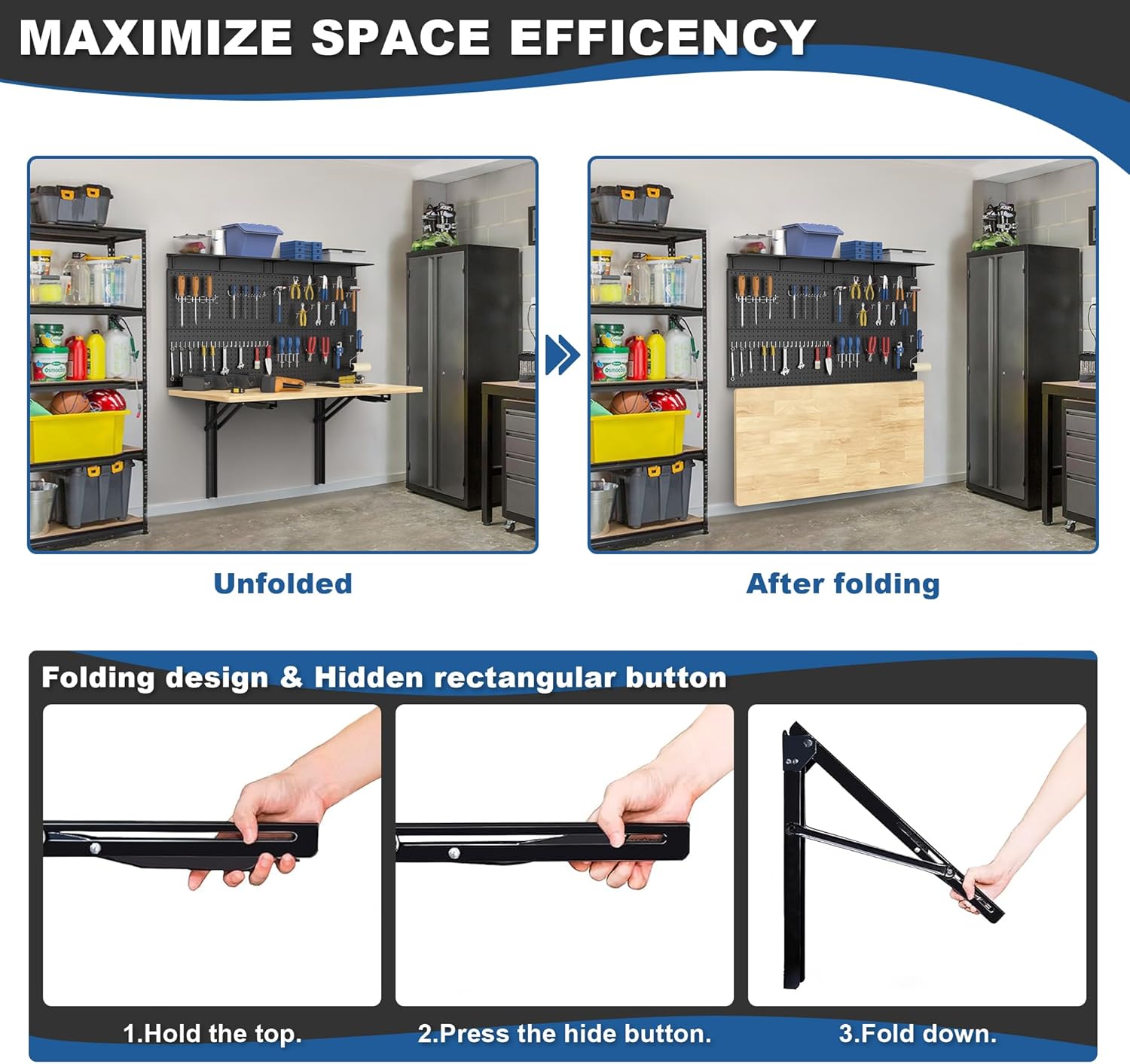 Wall Mounted Workbench with Pegboard, Folding Down Work Table | Metal Pegboard Wall Organizer for Garage Storage
