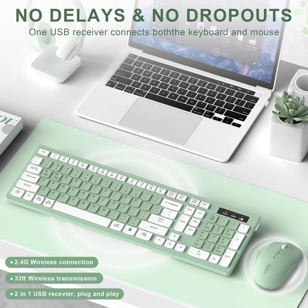 Wireless Keyboard and Mouse Combo Silent for Office and Home(Avocado Green) | 2.4G Full Size Silent Cordless Keyboard