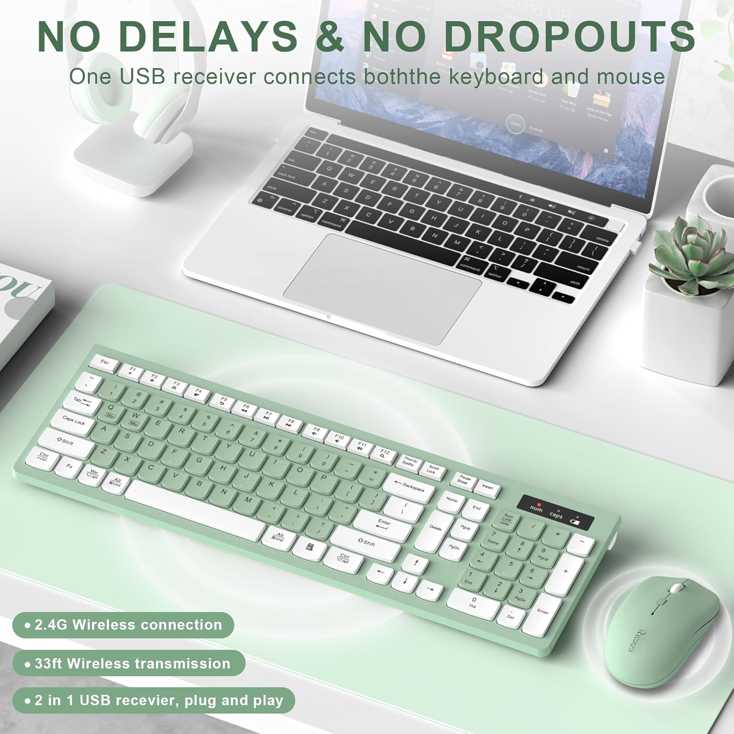 Wireless Keyboard and Mouse Combo Silent for Office and Home(Avocado Green) | 2.4G Full Size Silent Cordless Keyboard