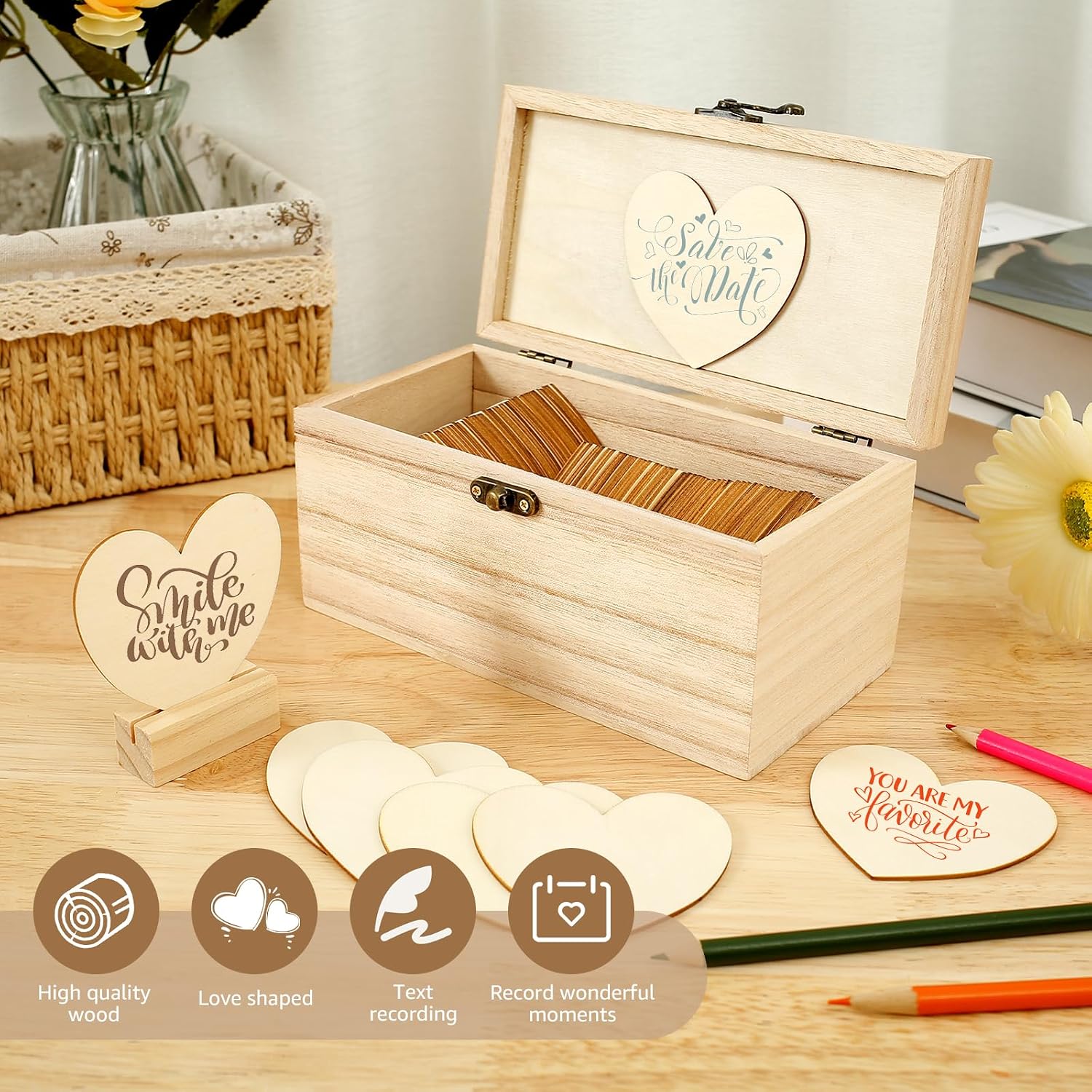 Wedding Guest Book Alternative Set with 100 Wooden Hearts Heart Sign Stand and 4 Adhesive Wedding Guest Book
