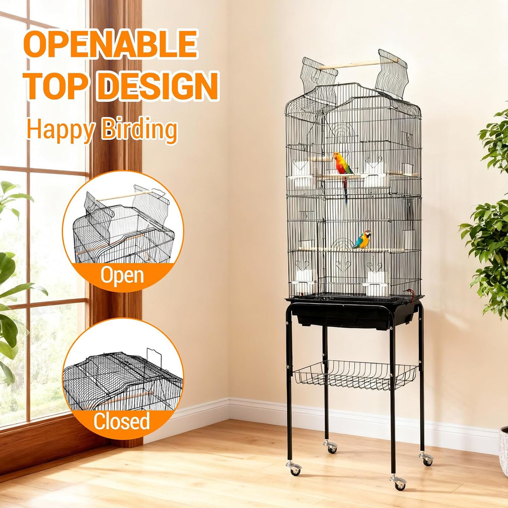 64'' Large Metal Bird Flight Cage with Open Top, Detachable Rolling Stand & Storage Shelf for Parrots, Conures
