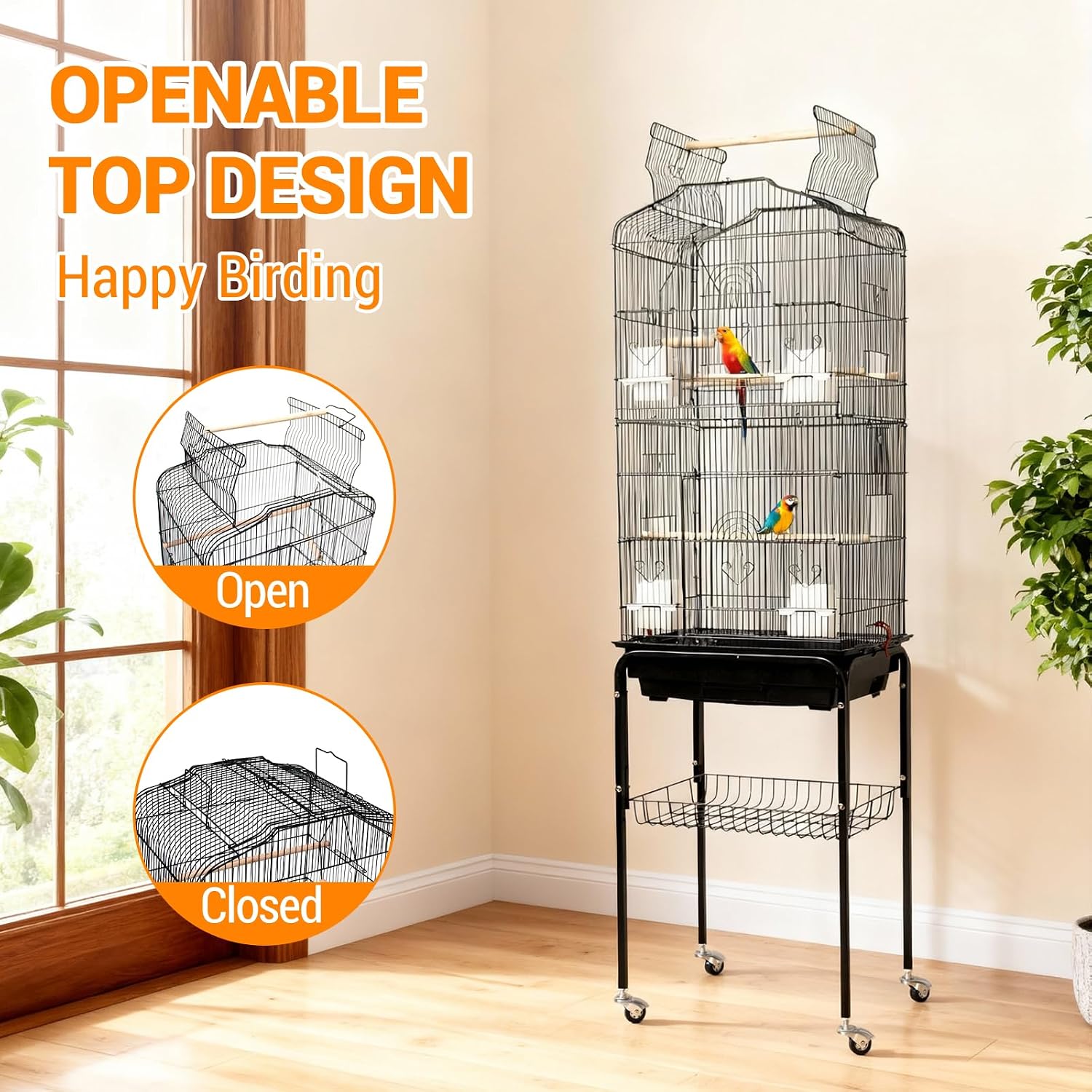 65.5 Inch Large Wrought Iron Bird Cage with Open Play Top, Heavy-Duty Detachable Rolling Stand & Storage, Flight Cage