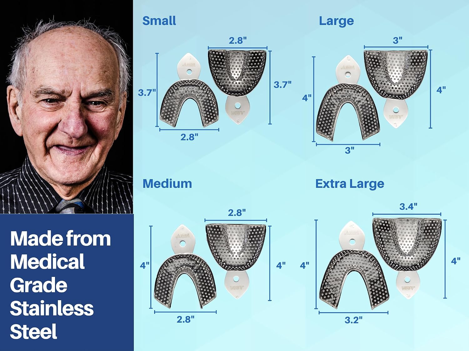 Dental Impression Trays – Set of 8 (Small, Medium, Large, Extra Large) – Stainless Steel, Perforated, Autoclavable