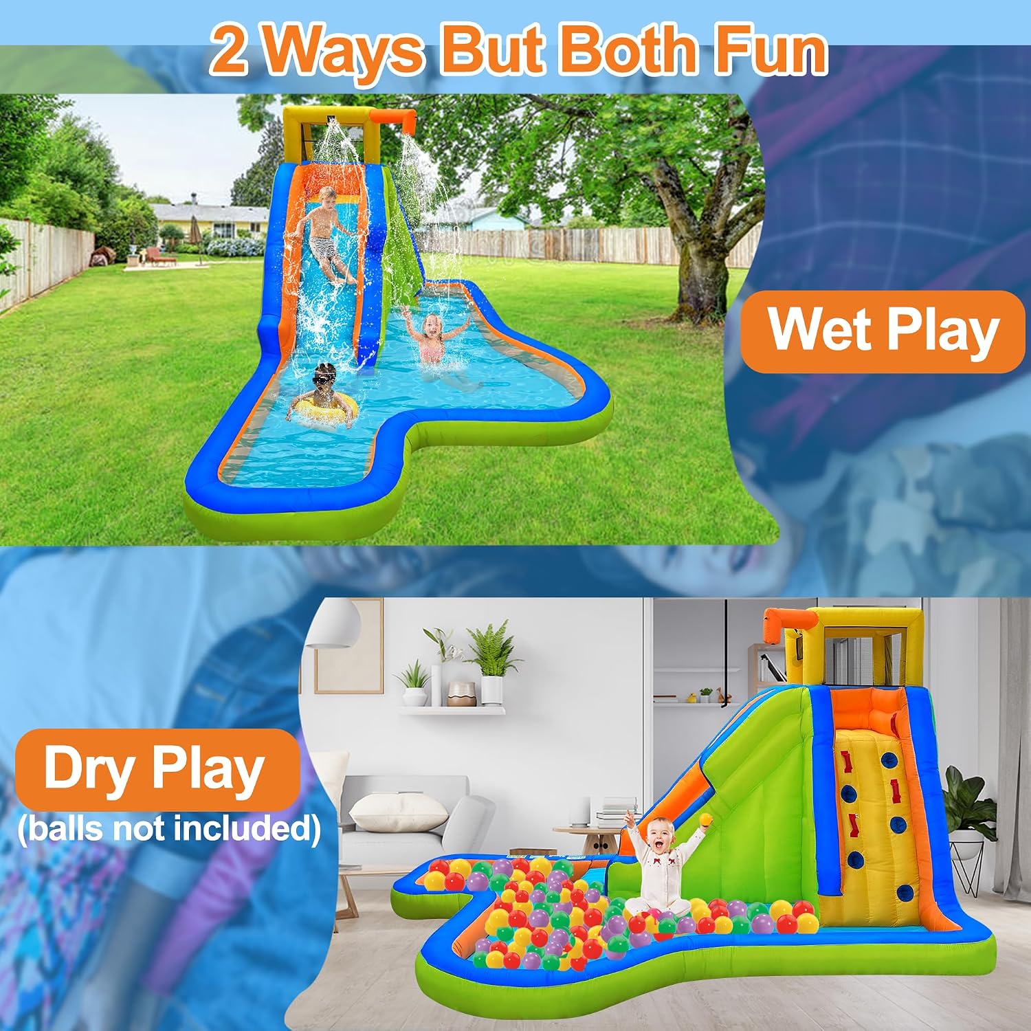 6 in 1 Inflatable Water Slide Bounce House, 15.3x9.5x7.9FT 300LBS Weight Limit, Wet Dry Outdoor Water Park with