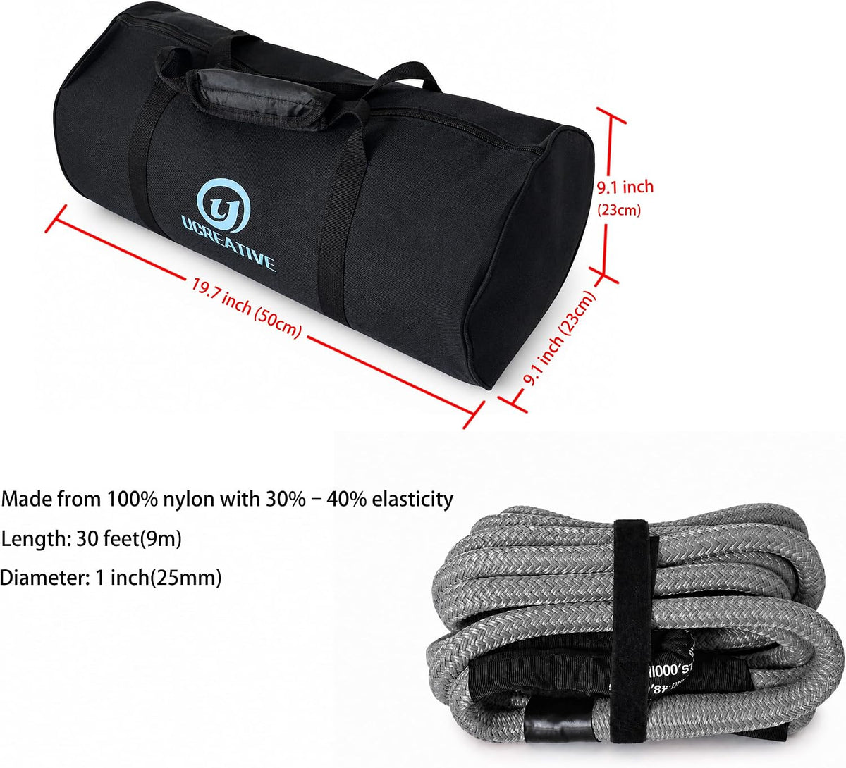 1" x 30' Kinetic Rope & 2PCS Synthetic Soft Shackles Kit Gray