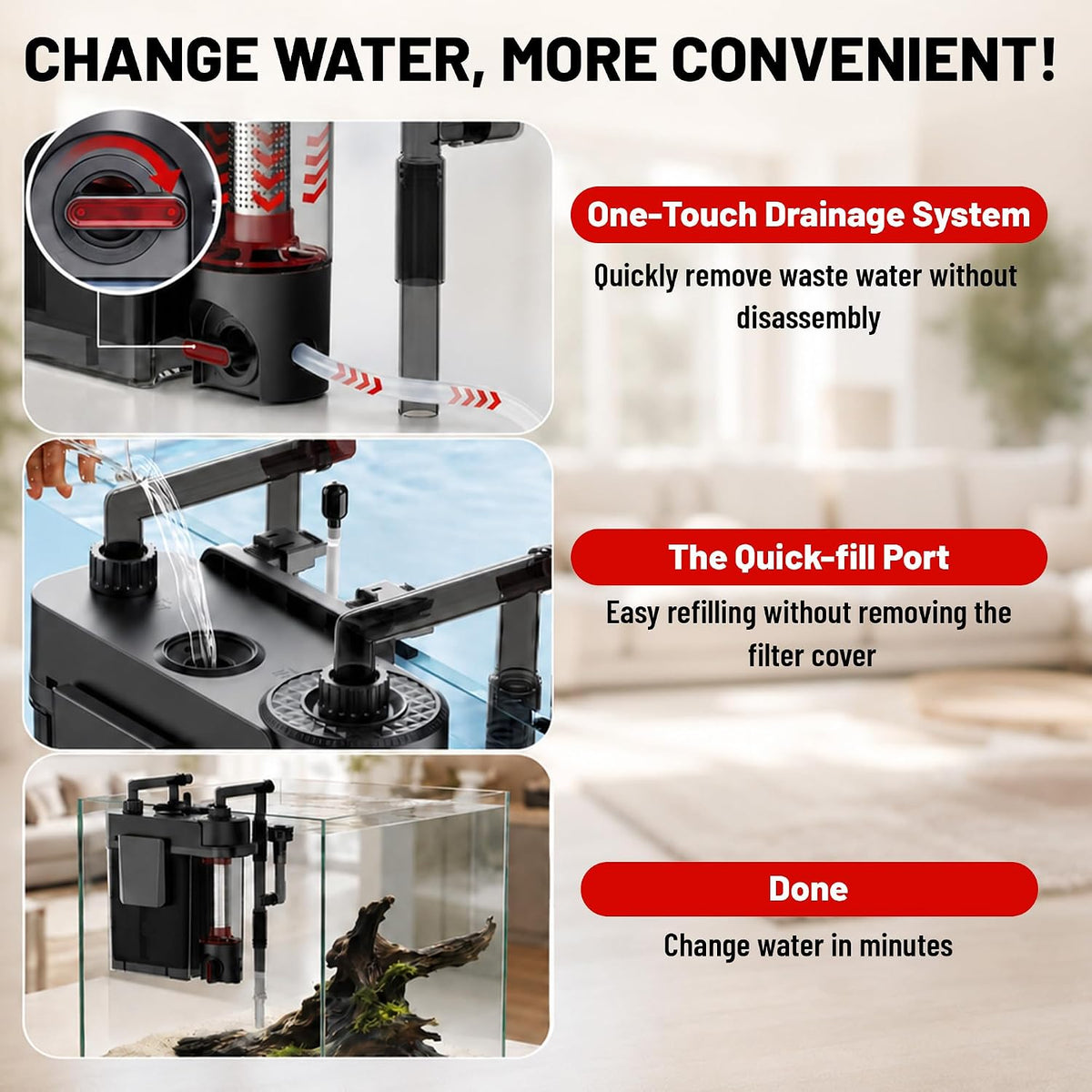 HOB Aquarium Filter, Quiet Fish Tank Filter with Dedicated Waste Separation Canister, Easy Change Water, One-Touch