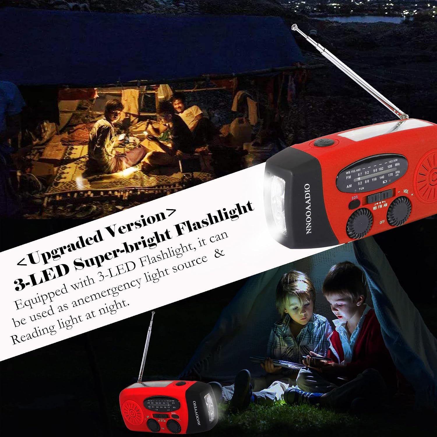 2000mAh SOS Alarm Emergency AM FM Weather Radio, 3LED Type-C Hand Crank Solar Battery Operated Portable Wind Up Radio
