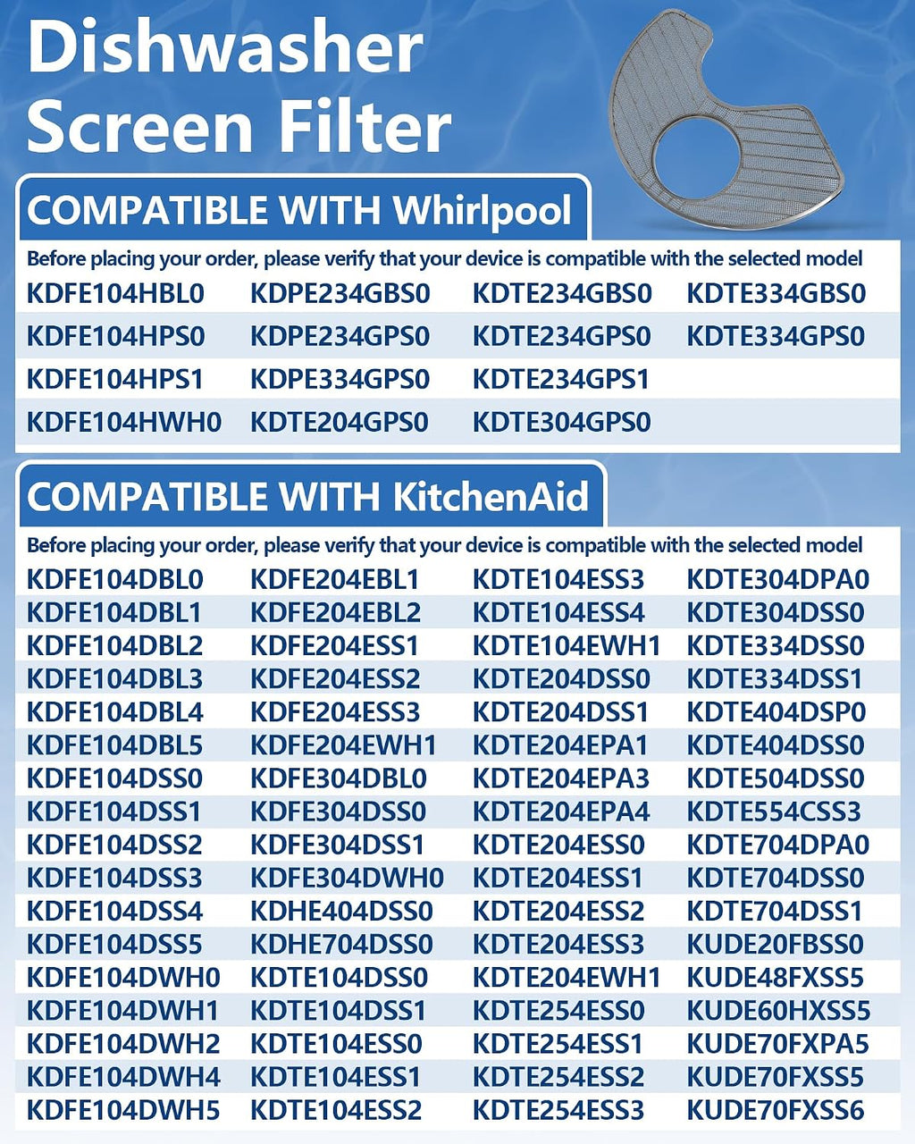 KDTE104DSS0 KDPE234GPS0 Dishwasher Filter Fit for Whirlpool KitchenAid