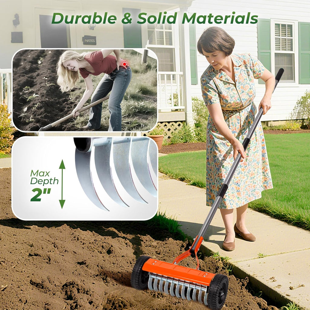 Manual Lawn Dethatcher Rake with Wheels, Adjustable Handle | 15.8-Inch Rake Head, 76.8-Inch Adjustable Handle And