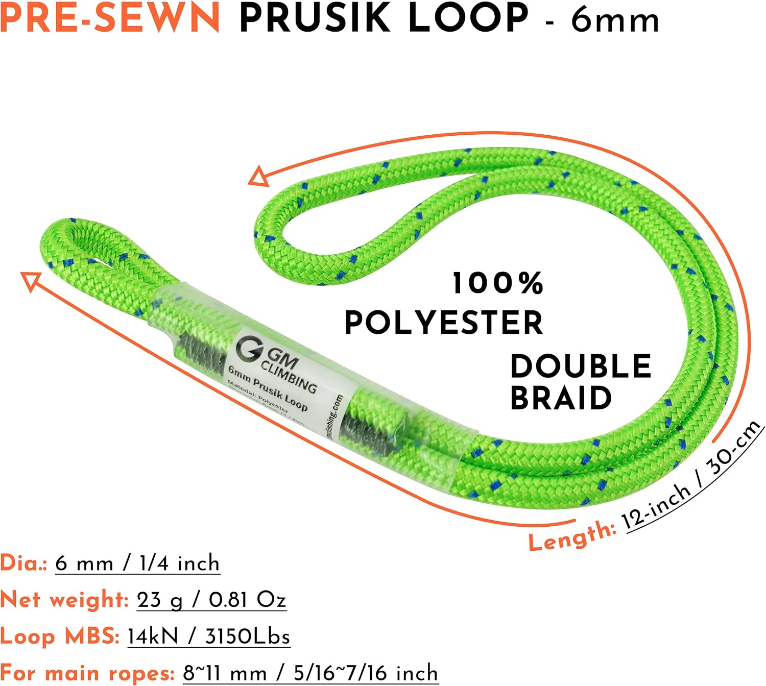6mm Prusik Cord Pre-Sewn 12in Prusik Loop for Climbing Arborist Rescue Mountaineering General Outdoor Use