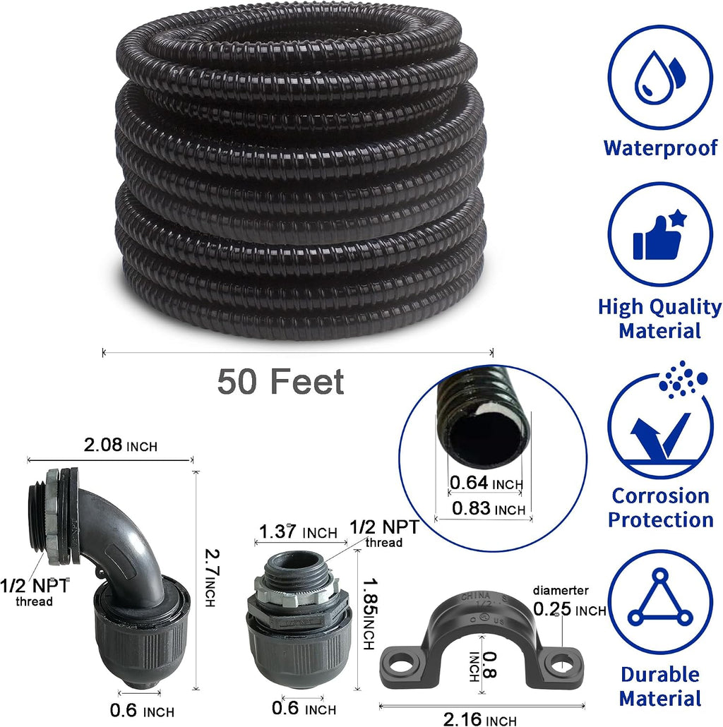 (1/2" Dia * 50 Feet) Yariwiz Black Special Extra Flexible Electrical Conduit Liquid Tight PVC Conduit Kit with 5 PCS