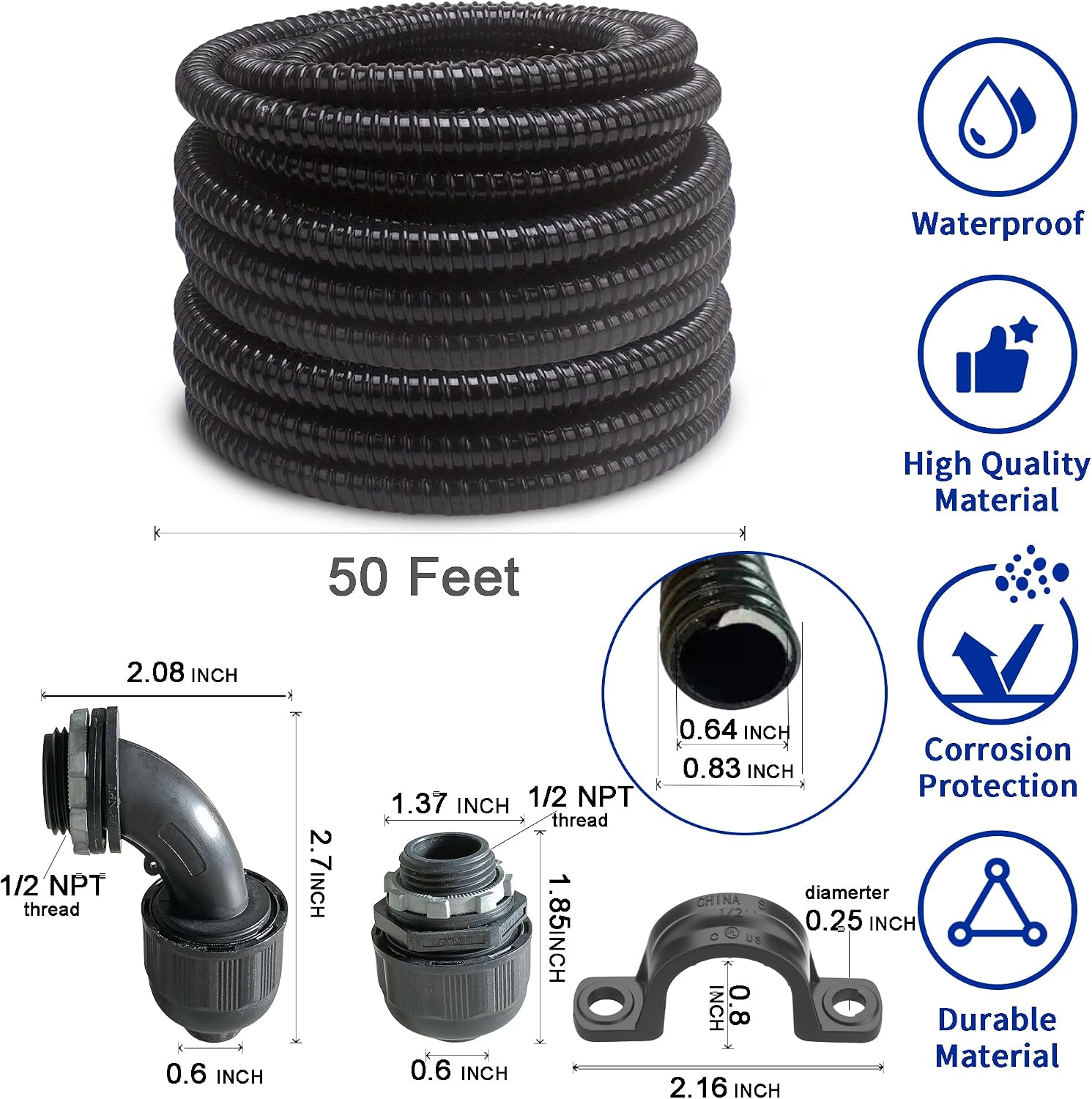 (1/2" Dia * 50 Feet) Yariwiz Black Special Extra Flexible Electrical Conduit Liquid Tight PVC Conduit Kit with 5 PCS