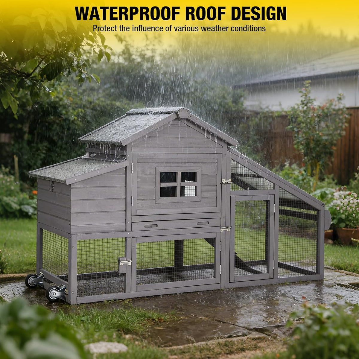 Wooden Chicken Coop, Large Chicken Tractor with Wheels, Weatherproof Hen House with Nest Box and Removable Tray