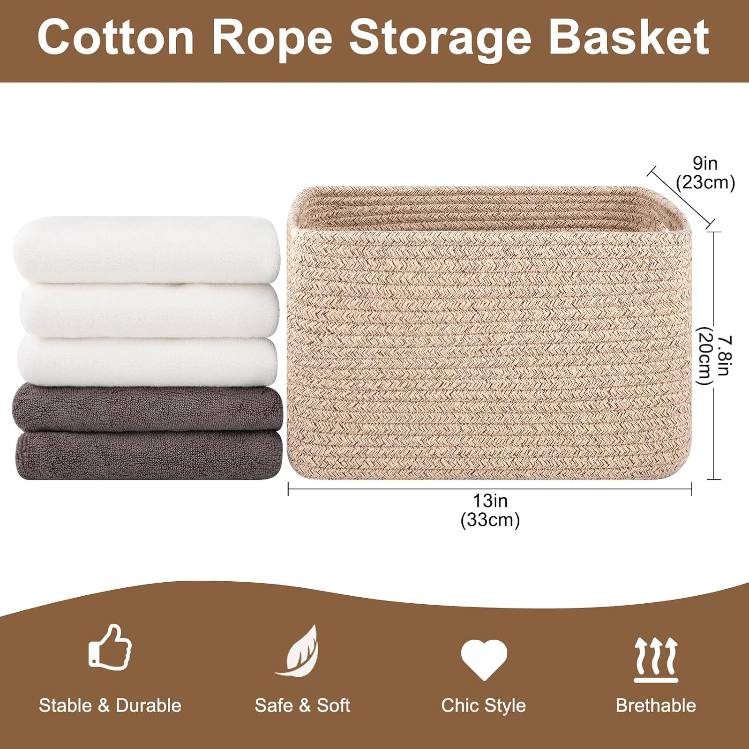 Storage Baskets for Organizing, Woven Decorative Baskets for Shelves - Books, Towels, and Clothes, Cotton Rope Toy