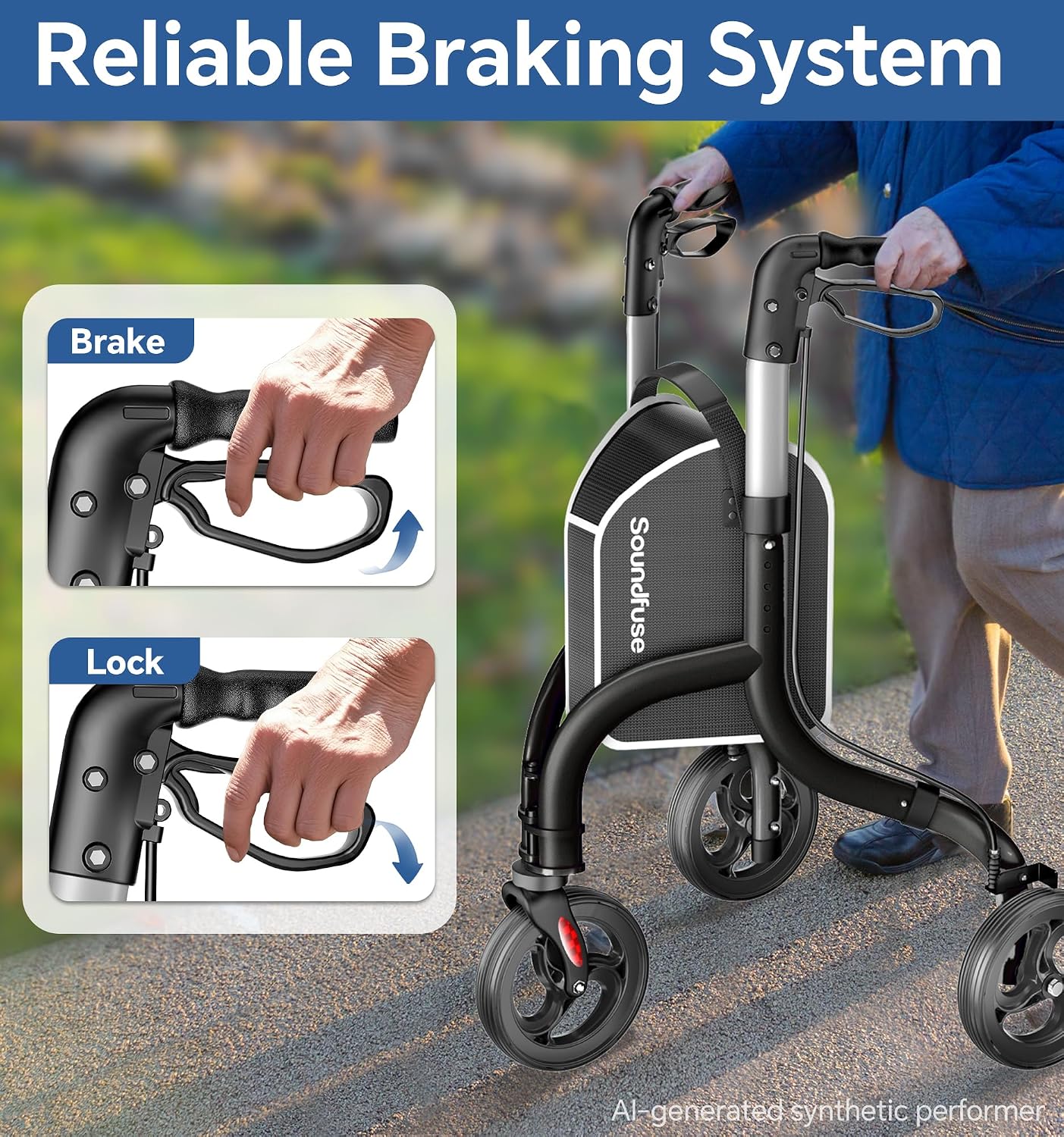 3 Wheel Walkers for Seniors, Lightweight Foldable Aluminum Rollator Walker, Height Adjustable Three Wheel Walker, Black