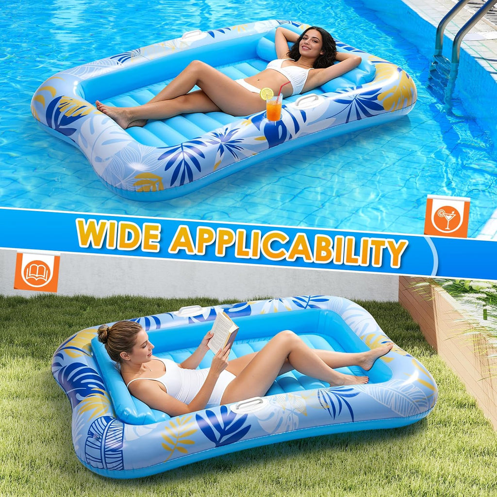 Inflatable Tanning Pool Lounger Float, 70" x 46" Blow up Pool Floats Adult with Pillow and Drink Holder, Sunbathing