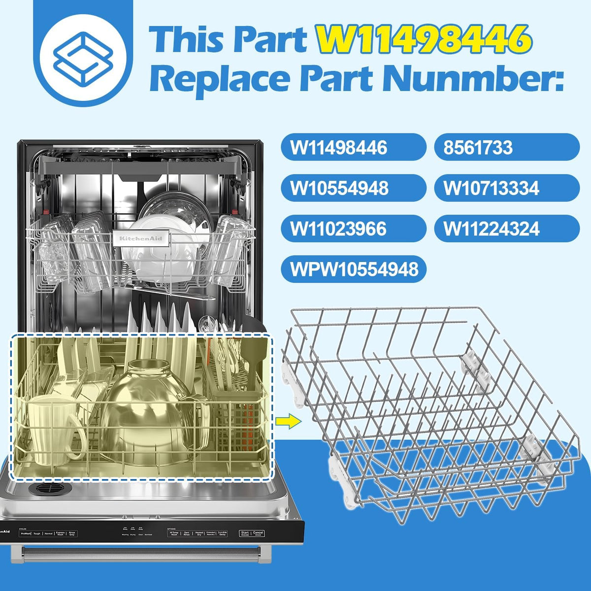 W11498446 Dishwasher Lower Rack for Whirlpool Dishwasher Rack Replacement