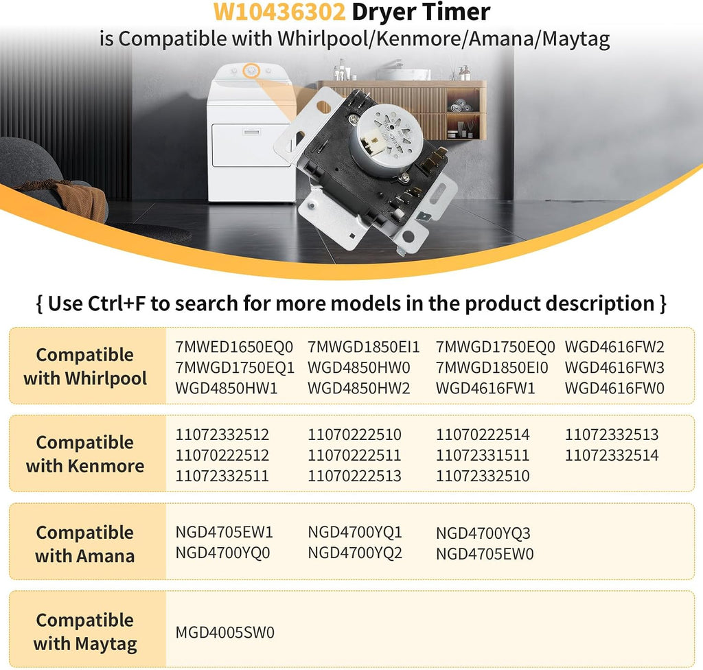 W10436302 WPW10436302 Dryer Timer Compatible with Whirlpool Kenmore Dryer