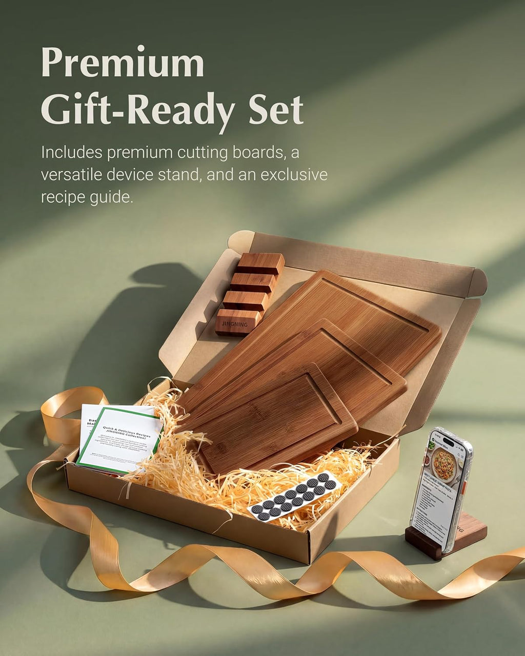 Deep-Carbonized Bamboo Cutting Board Set for Kitchen with Wood Storage Stand, Deep Juice Grooves, Easy-Grip Handles &