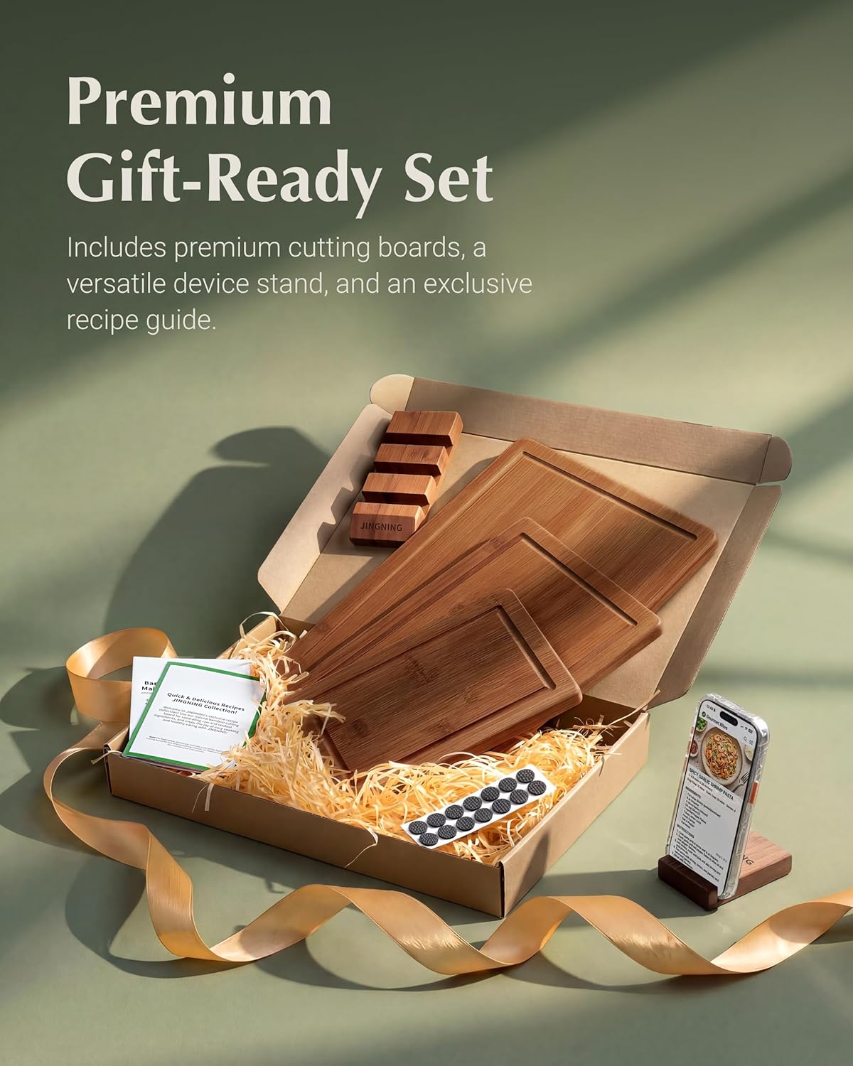 Deep-Carbonized Bamboo Cutting Board Set for Kitchen with Wood Storage Stand, Deep Juice Grooves, Easy-Grip Handles &
