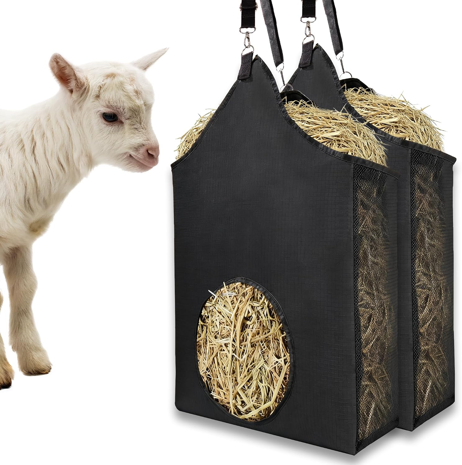 Horse Hay Bag Feeder, Slow Feed Hay Bag Suitable for Goats, Donkeys, and Horses, with Metal Ring and Adjustable Strap
