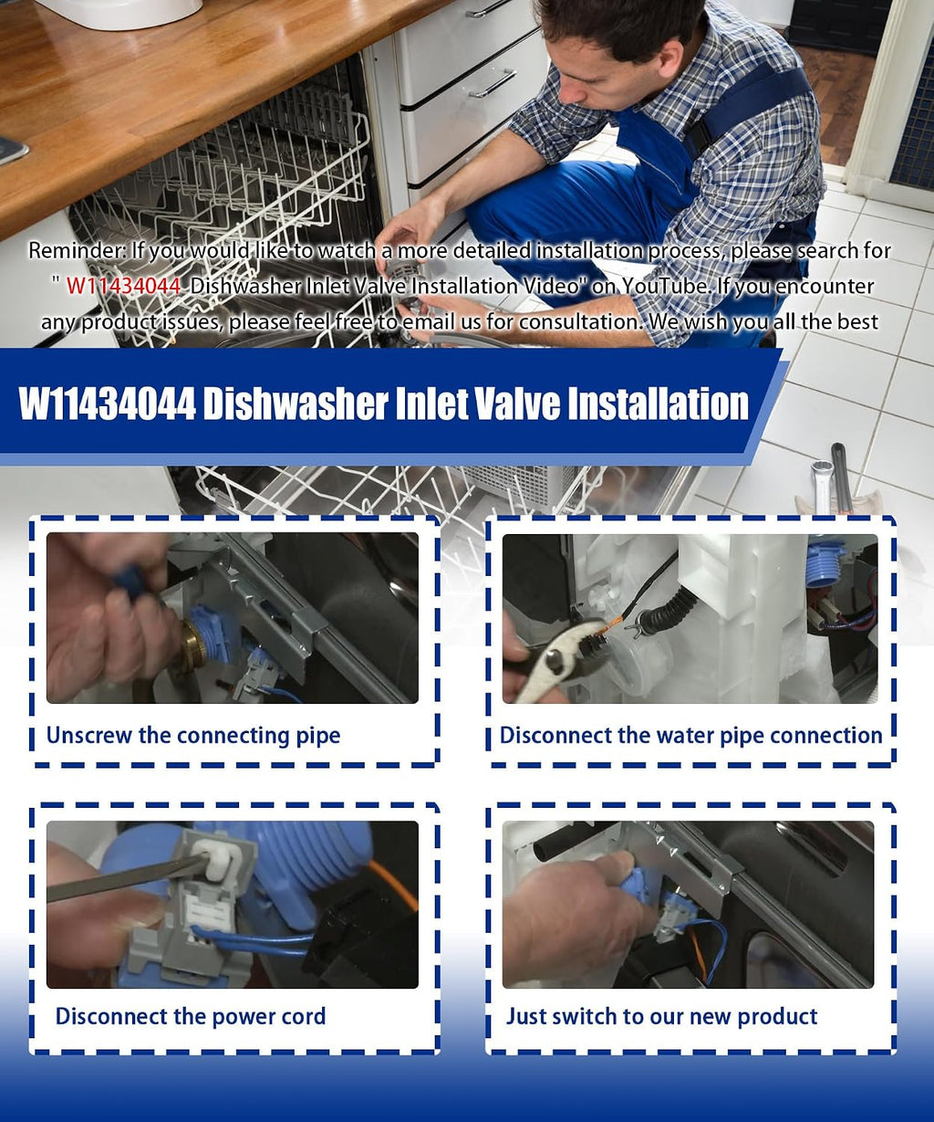 W11434044 Dishwasher Water Inlet Valve Replacement Kit Fits For Whirlpool, Kenmore, Maytag, Jenn-Air, KitchenAid Dishwasher Water Inlet Valve, Replace Part Mumbers W11187724, W11025972 and W11025970
