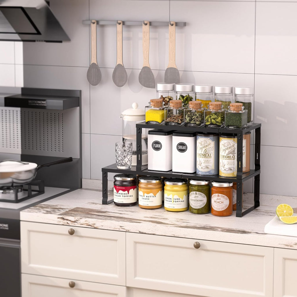 Heavy-Duty Adjustable Metal Shelf Organizer - Expandable & Stackable Pantry Storage Rack for Kitchen, Bathroom, RV