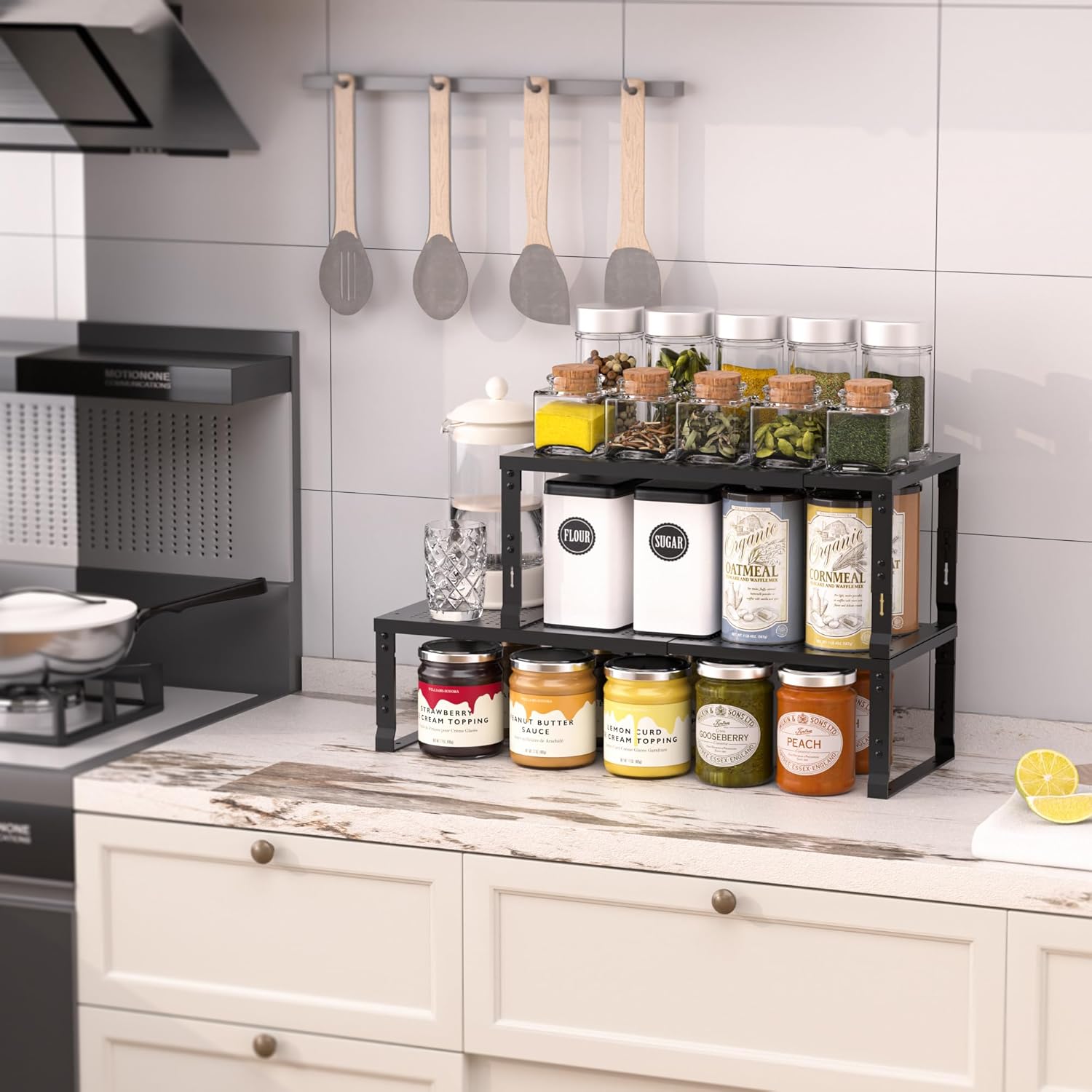 Heavy-Duty Adjustable Metal Shelf Organizer - Expandable & Stackable Pantry Storage Rack for Kitchen, Bathroom, RV