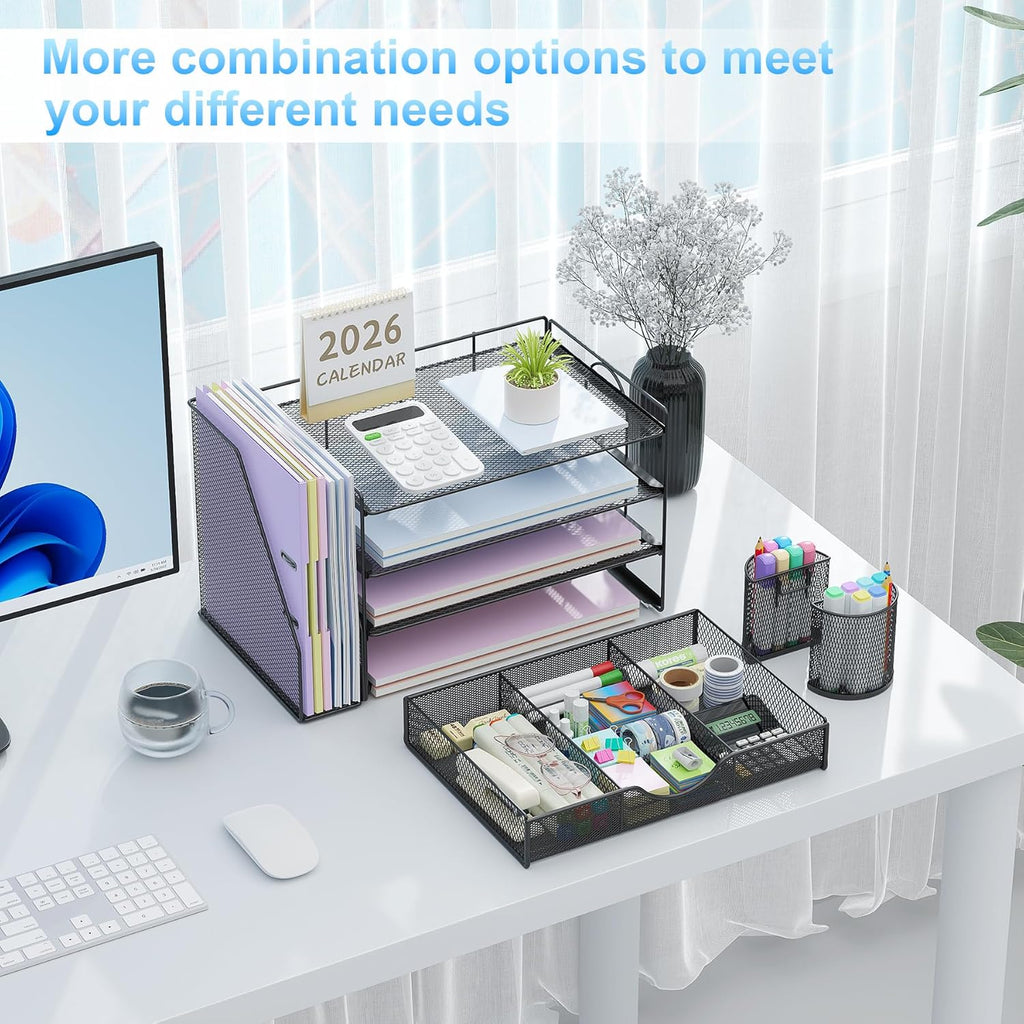 Desk Organizers and Accessories with File Holder, 4-Tier Desk Accessories & Workspace Organizers with Drawer and 2