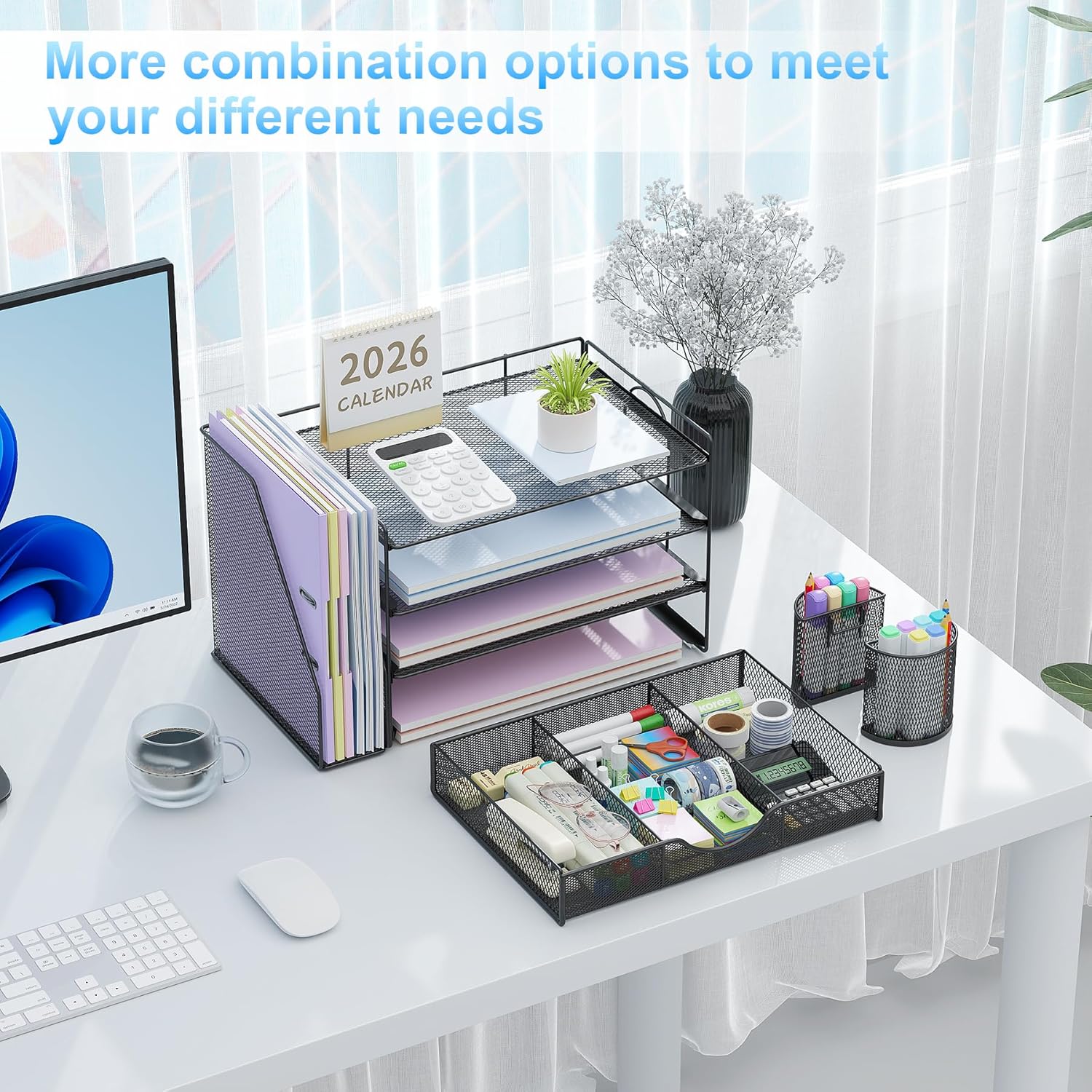Desk Organizers and Accessories with File Holder, 4-Tier Desk Accessories & Workspace Organizers with Drawer and 2