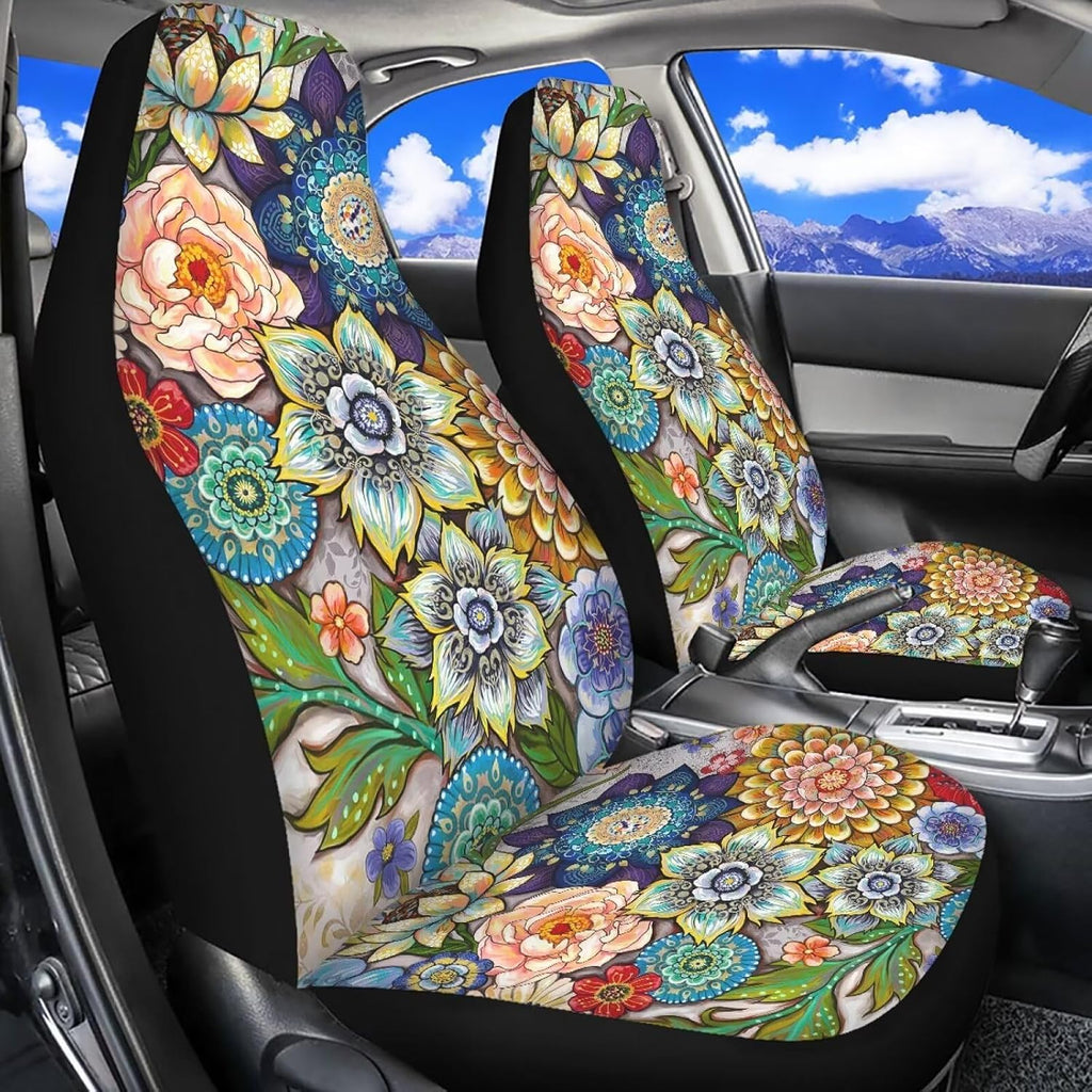 Boho Floral Front Car Seat Covers Set of 2 for Women, Universal Fit Bucket Seat Protectors for Cars, SUVs, Sedans and