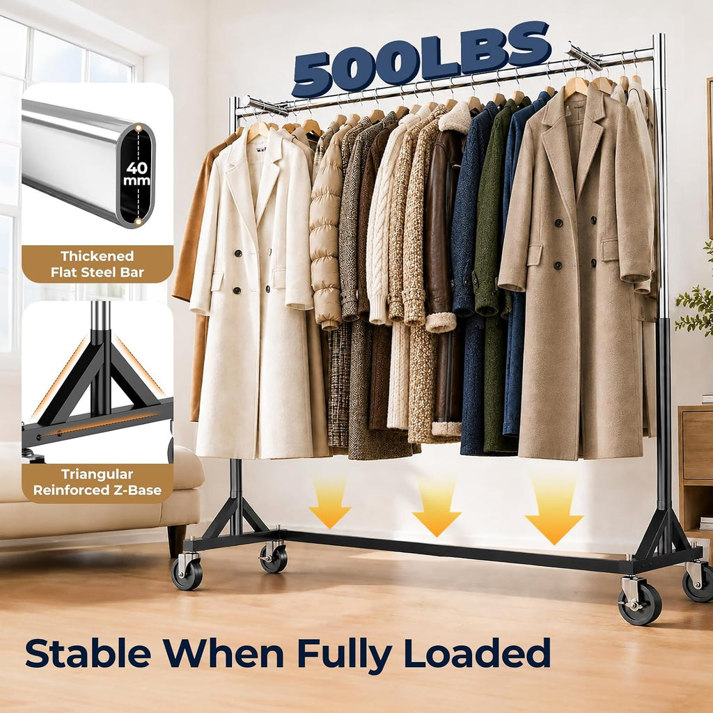 Z Rack for Clothes Heavy Duty Hold 500 LBS with Display Arms | Commercial Clothes Rack with Wheels Rolling Clothing