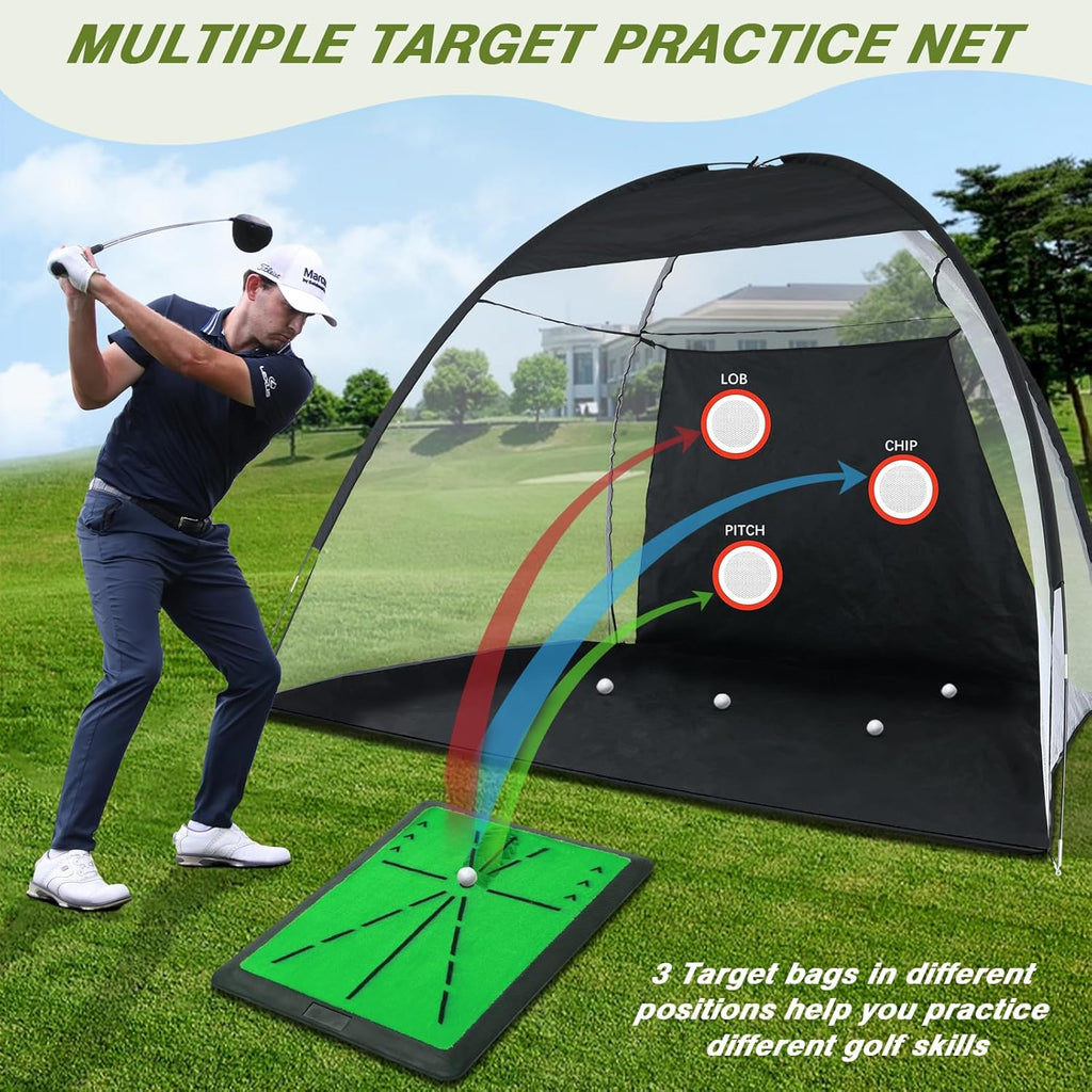Golf Net, 10x7FT Golf Practice Net with Swing Mat, Golf Hitting Net for Backyard Driving, Indoor/Outdoor Training