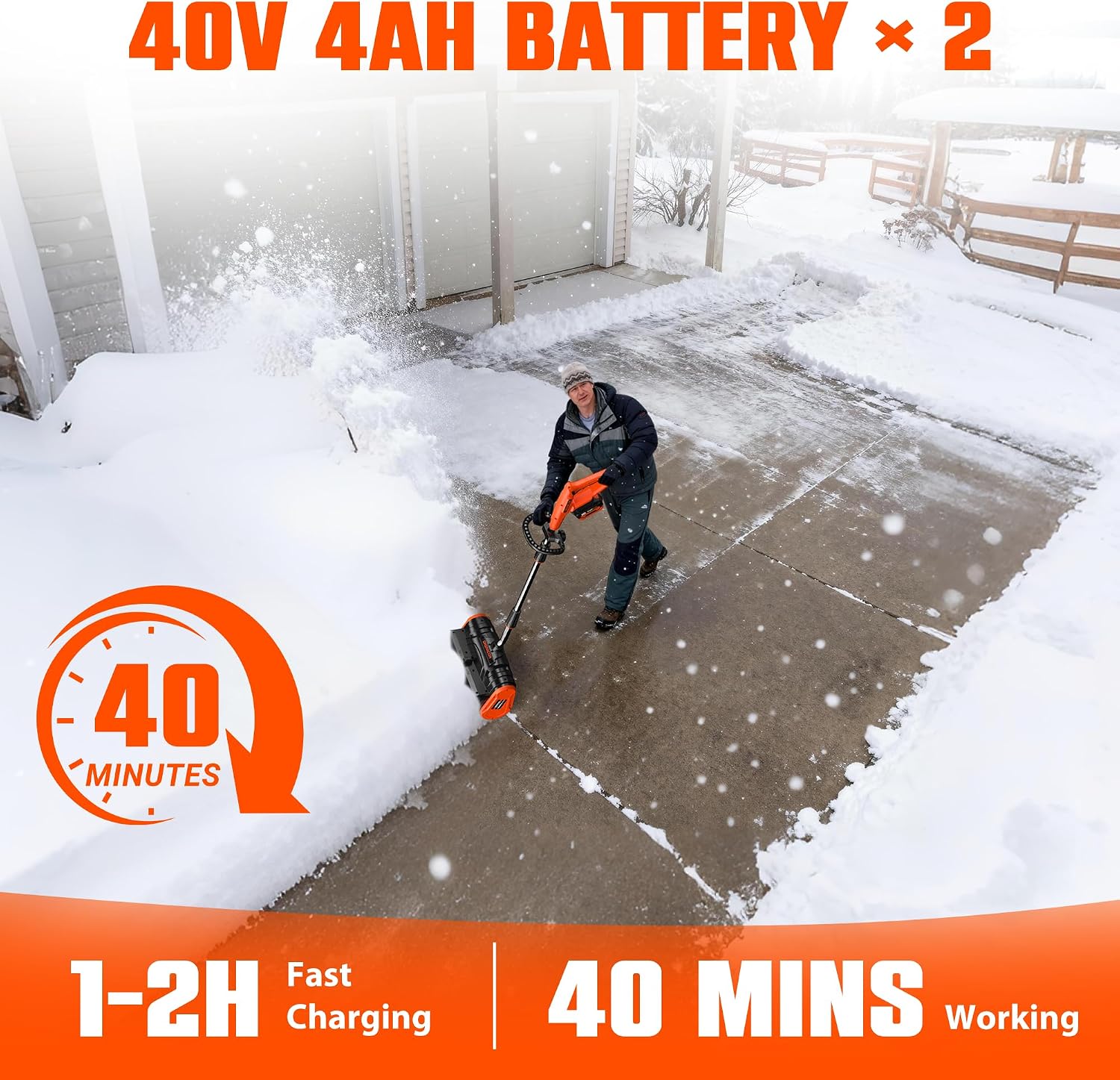 40V Cordless Snow Shovel, 13-Inch | 2 x 40V 4.0A Battery Powered Snow Blower, Powerful Brushless Electric Snow