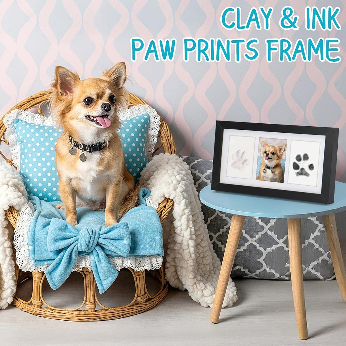 Paw Print Frame Kit, Dog Paw Print Kit with Clay & No Mess Ink Pad, with Customization Tool, Wooden Pet Memorial