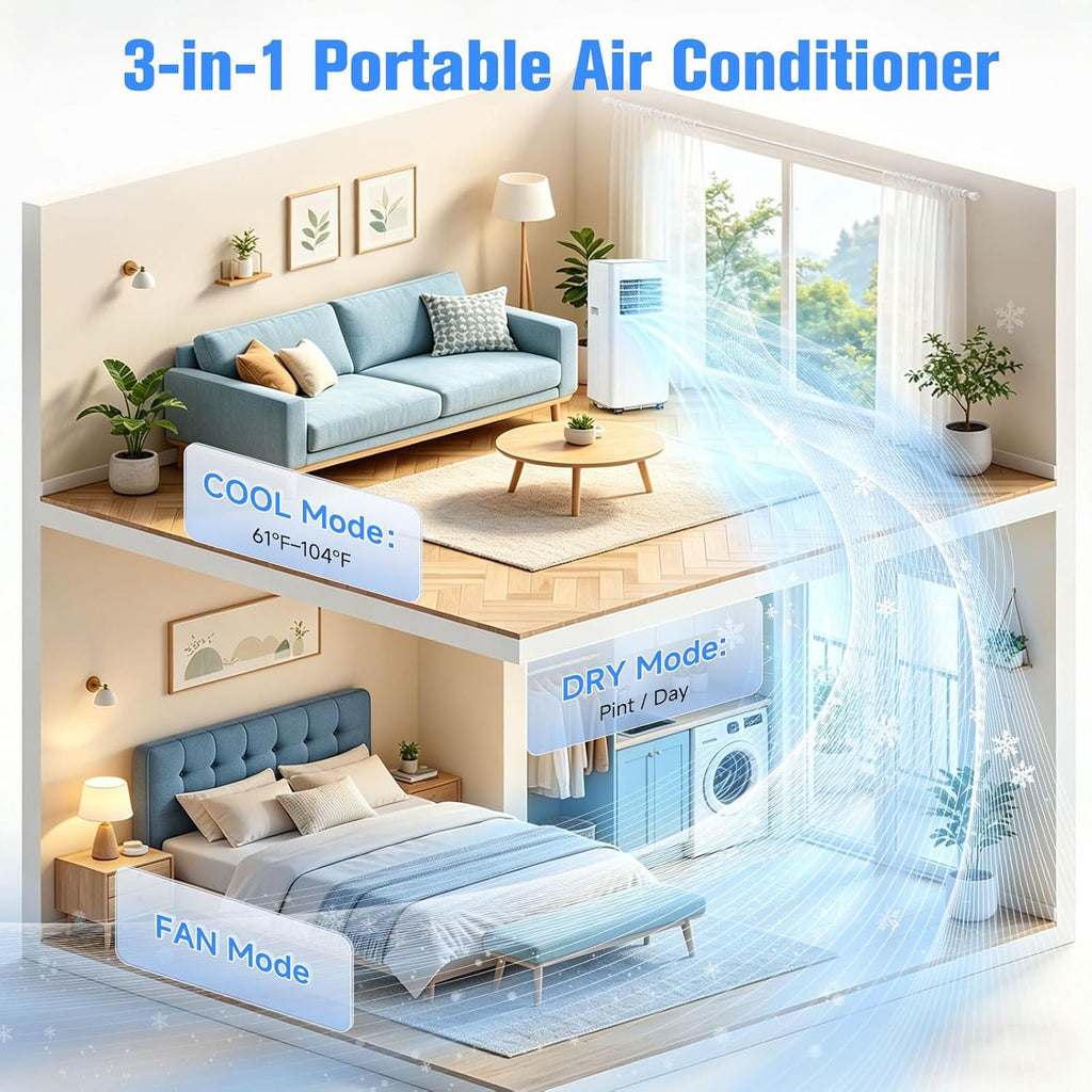 Portable Air Conditioner, 3-in-1 8500 BTU AC Unit with Fan & Dehumidifier – Quiet Cooling for Bedroom, Home Office up