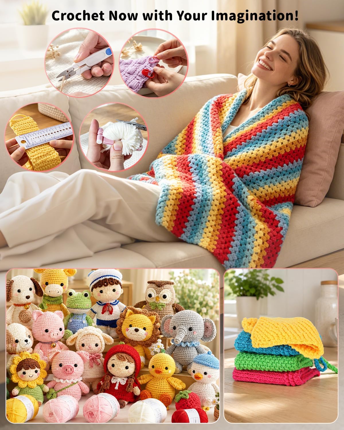 Crochet Kit for Beginners, 59pcs Crochet Starter Kits with Yarn, Ergonomic Hooks & Storage Case, Learn-to-Crochet Set