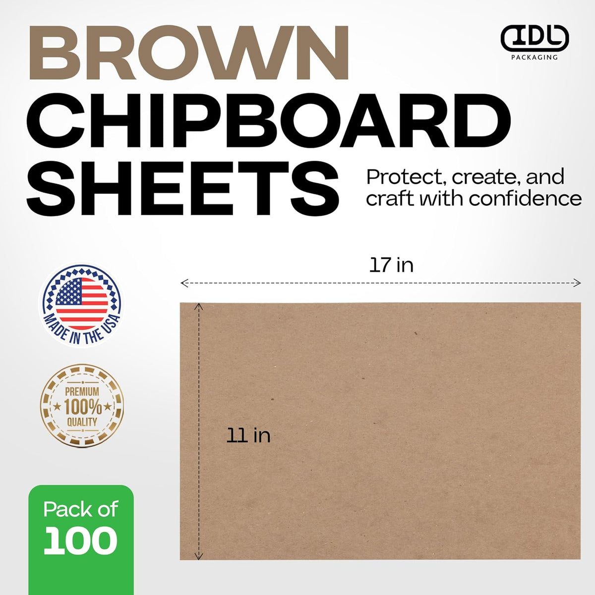 Chipboard Sheets 17" x 11", Pack of 100 - USA-Made Cardboard Sheets