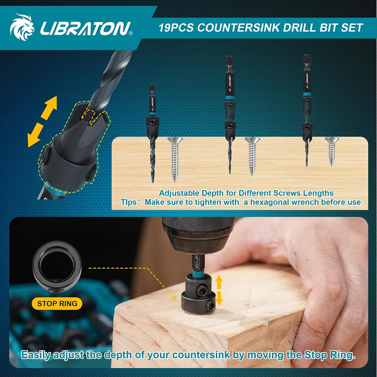 LIBRATON Countersink Drill Bit Set, 19PCS Tapered Wood Drill Bit Set