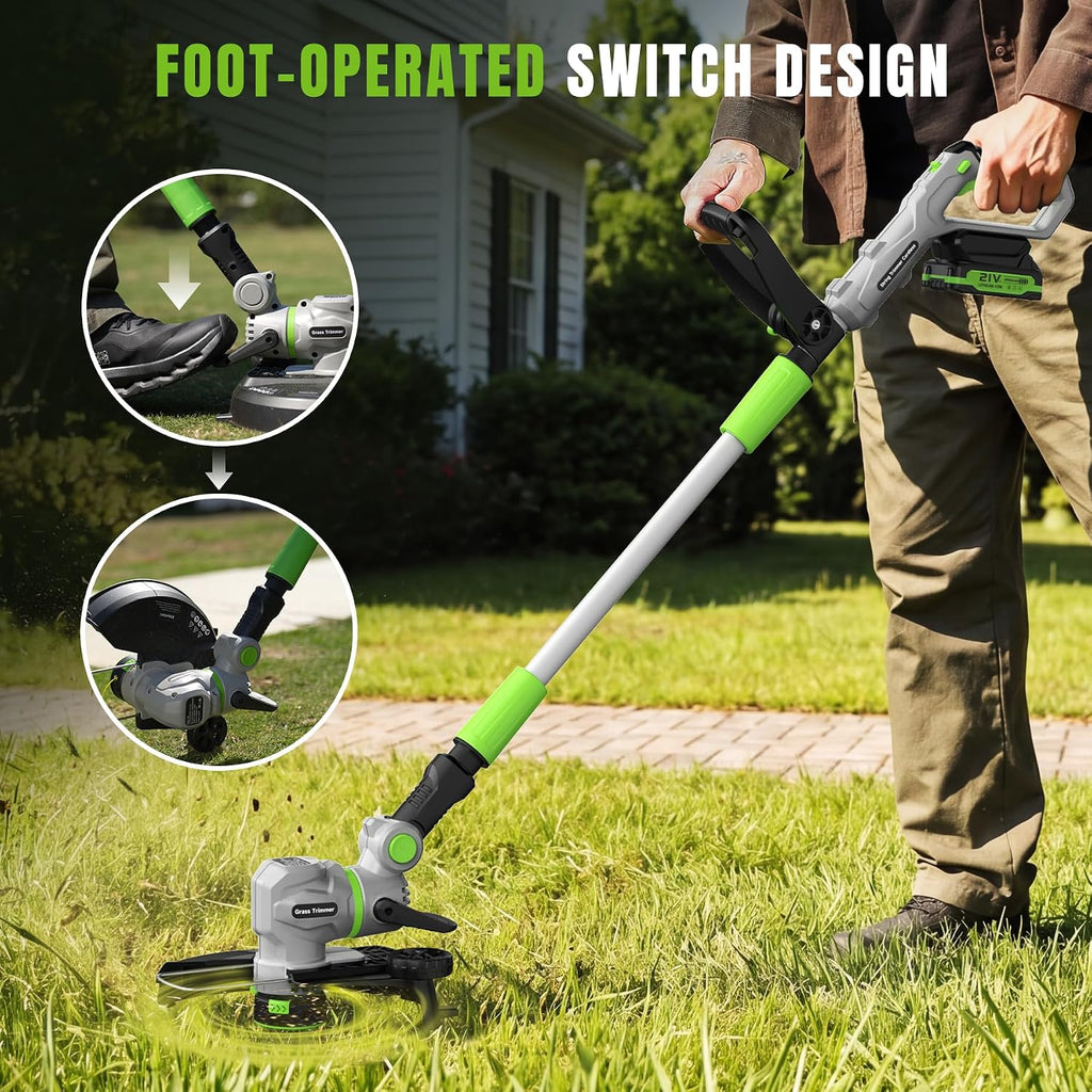 12" 21V Weed Wacker Cordless, 2 in 1 String Trimmer and Edger | Automatic Line Feed, 2 Speed Modes, 2 X 2.0Ah
