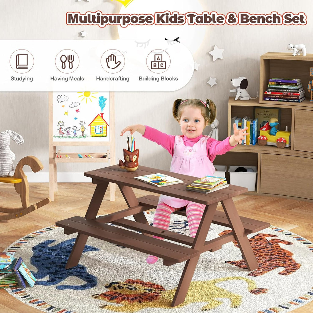 Kids Picnic Table, Toddler Outdoor Table & Bench Set, Wooden Children Patio Furniture with Folding Umbrella, Kids