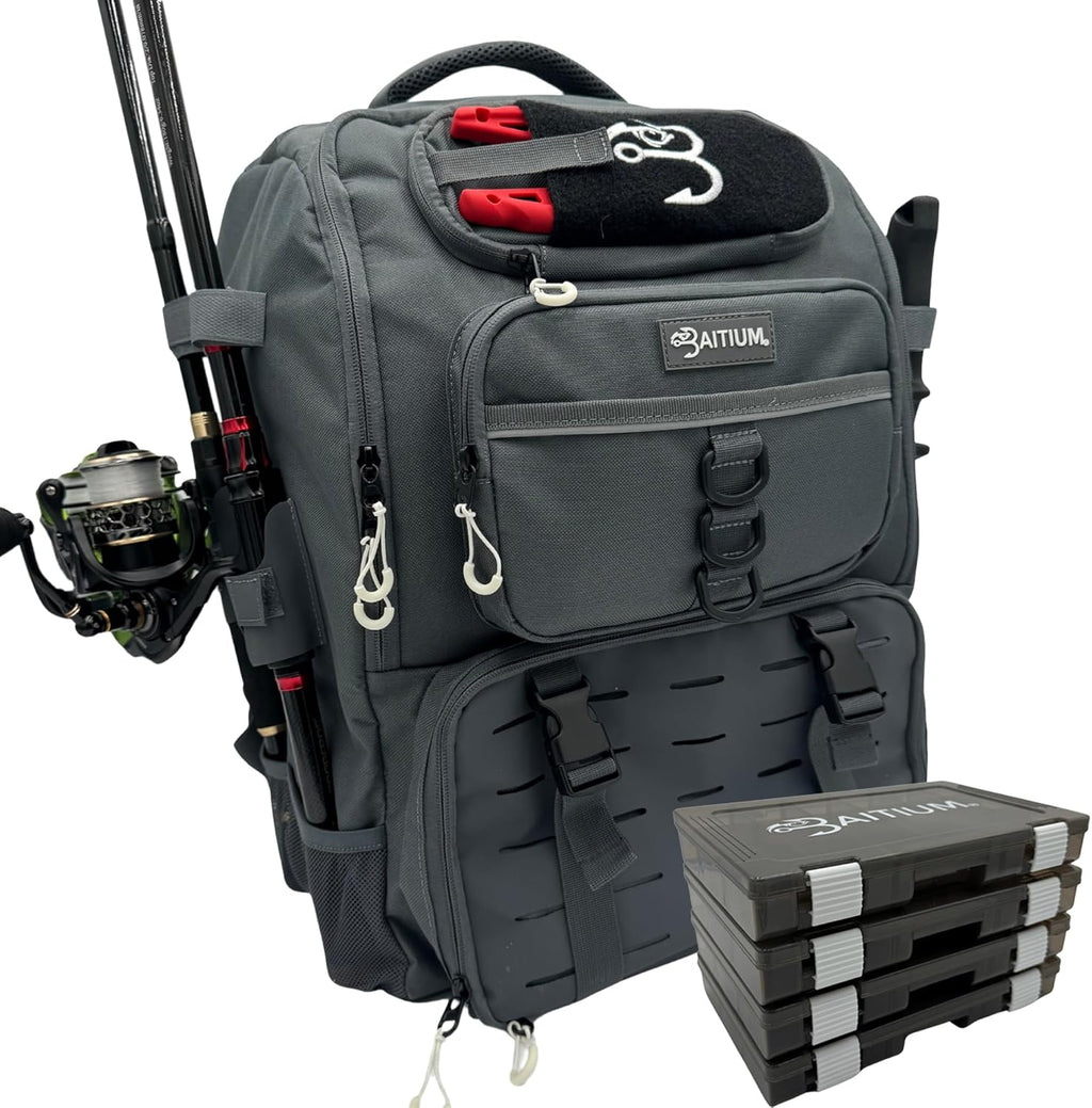 Fishing Backpack, Tackle Bag With Rod Holders, 40L Capacity With Cooler, Rain Cover, Insulated Pocket, 4 Tackle Trays