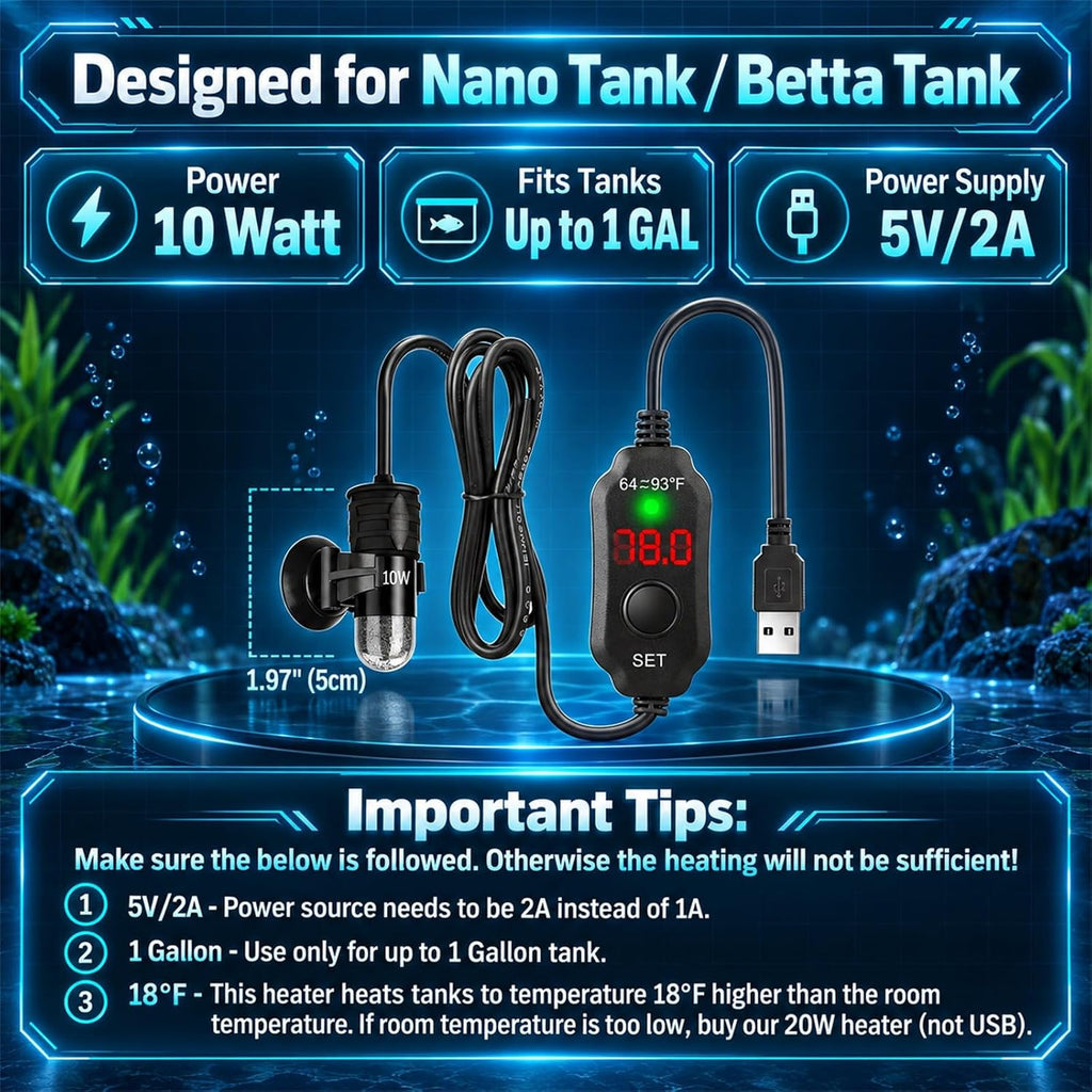 5V/2A USB 10W Super Mini Aquarium Betta Heater for Tanks up to 1 Gal