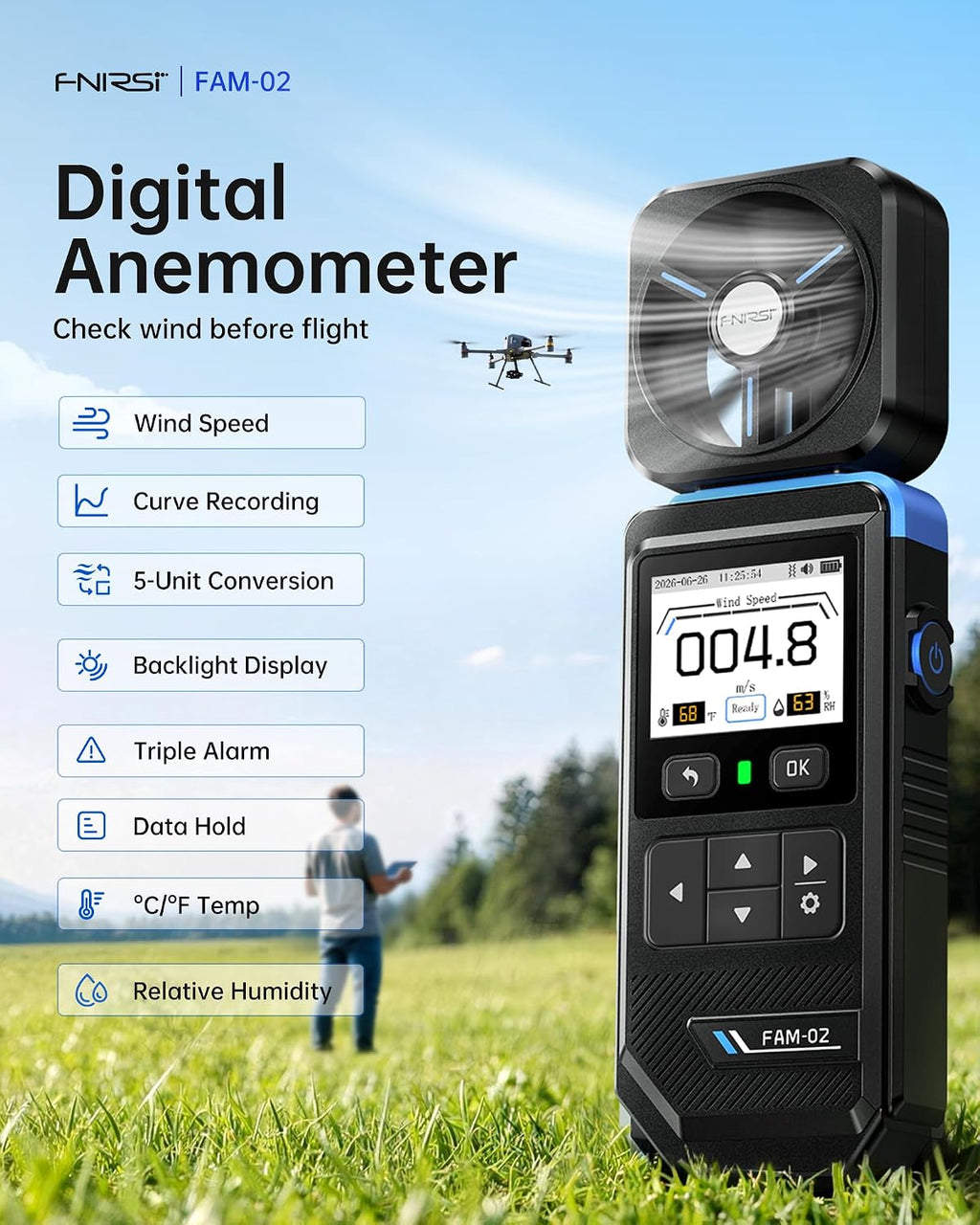 FAM-02 Handheld Anemometer for HVAC, Drone Flying & Sailing