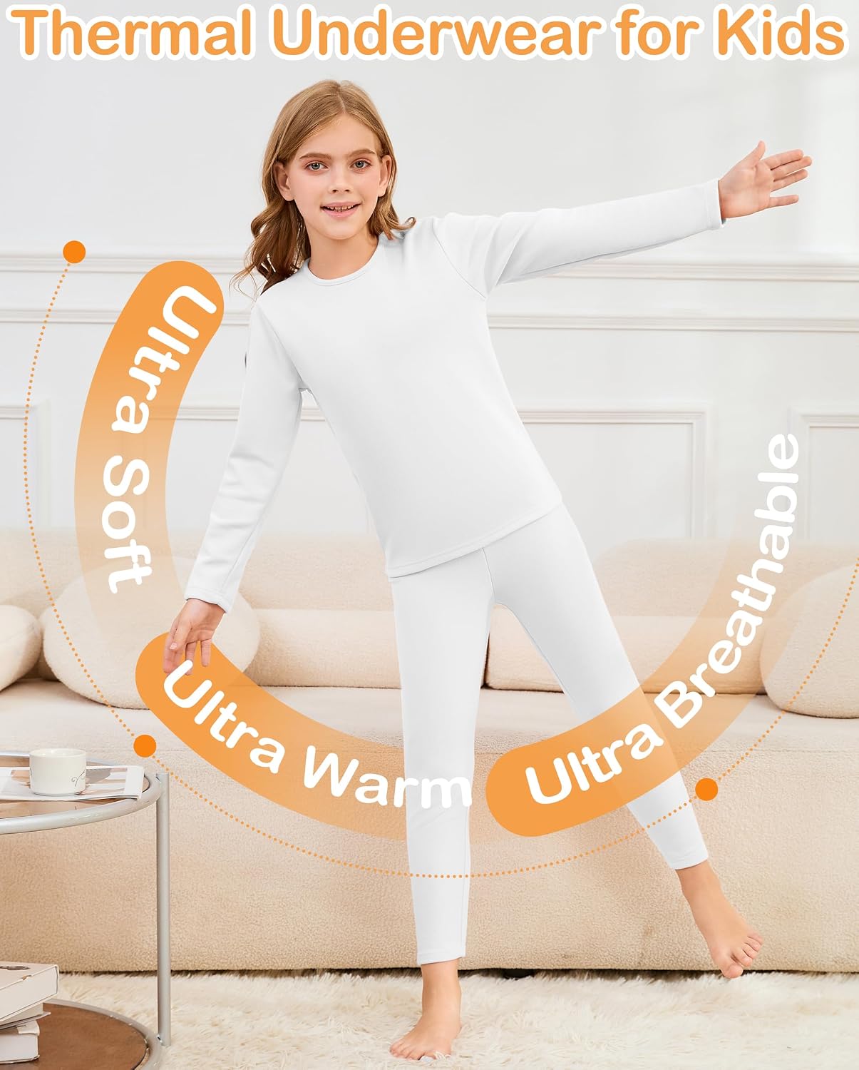 2 Set Girls Thermal Underwear Sets Kids Double-Sided Fleece Lined Long Johns Base Layer Top and Bottom for Cold Weather
