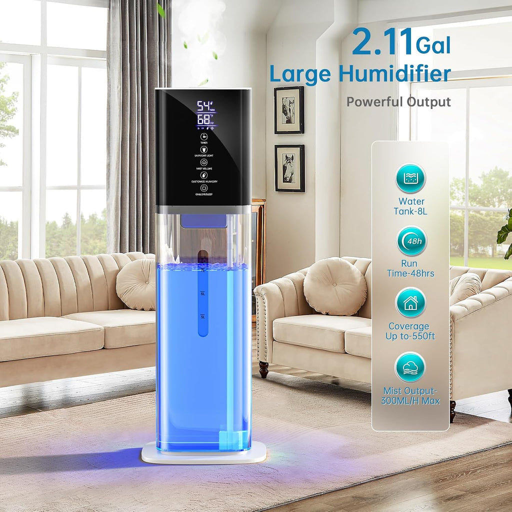 Humidifier Large Room Bedroom, 8L/2.1Gal Top Fill Cool Mist Humidifiers with Humidistat, 3-Speeds, 48H Runtime, Quiet