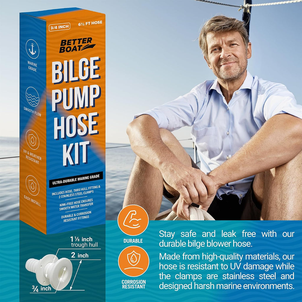 3/4 Bilge Pump Hose Kit, Includes 6.5 Ft Hose, Thru Hull Discharge Outlet