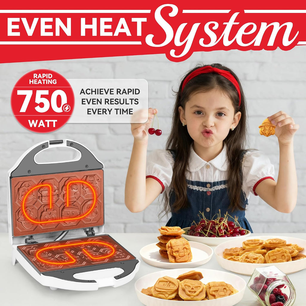 Spooky Mini Waffle Maker for Kids, Mini Pancake Maker Machine, Electric Small Waffle Iron, 8 Fun Character Waffle