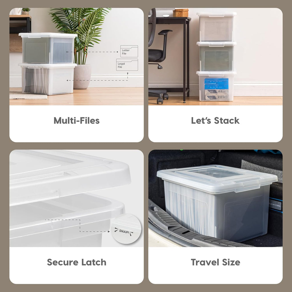 File Box, Plastic File Organizer with Lids for Letter/Legal File, Portable Document Box For Moving, Storage Bin with